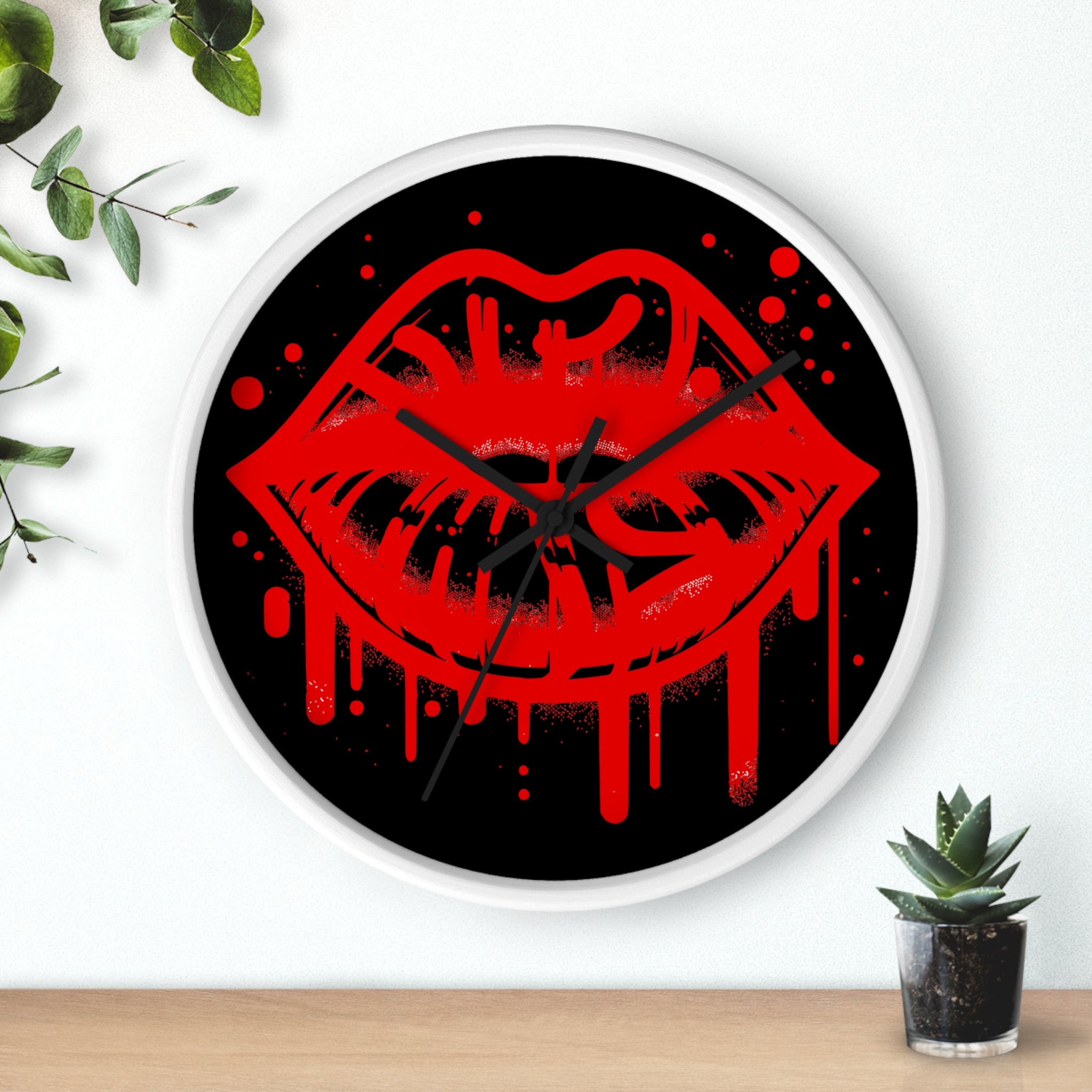Red Graffiti Kiss Wall Clock on Black— Bold Drip Lip Art Clock
