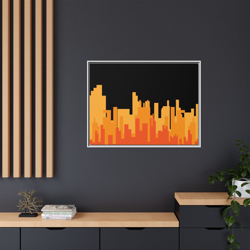 City Skyline Matte Canvas Print — Modern Pixelated Orange Urban Art (Framed)