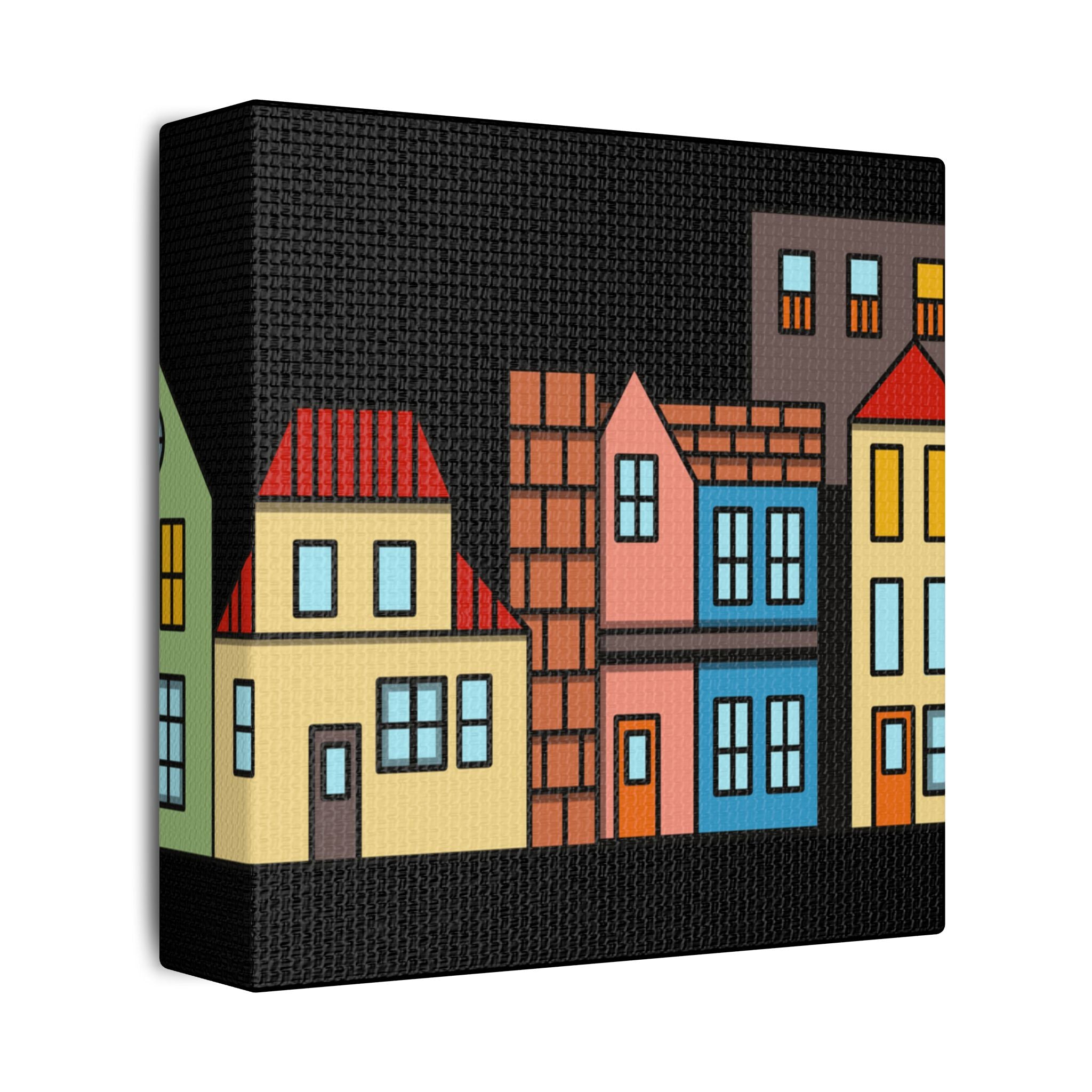 Colorful Row Houses Satin Canvas Wall Art — Stretched Cityscape Print
