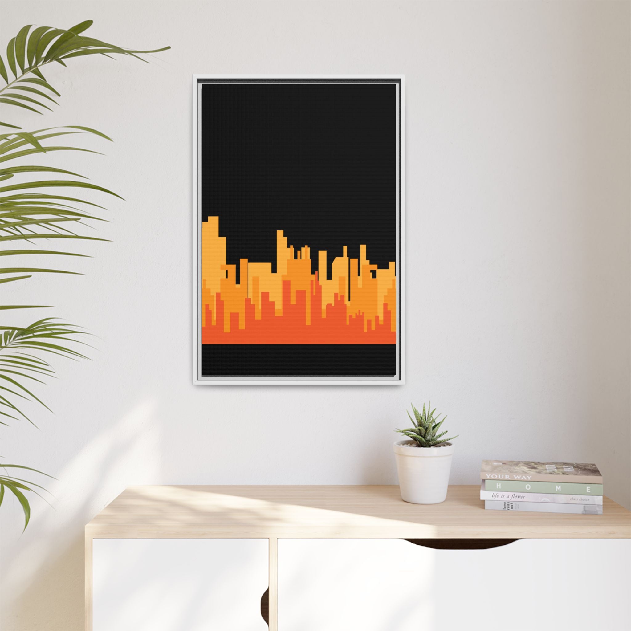 City Skyline Matte Canvas Print — Modern Pixelated Orange Urban Art (Framed)
