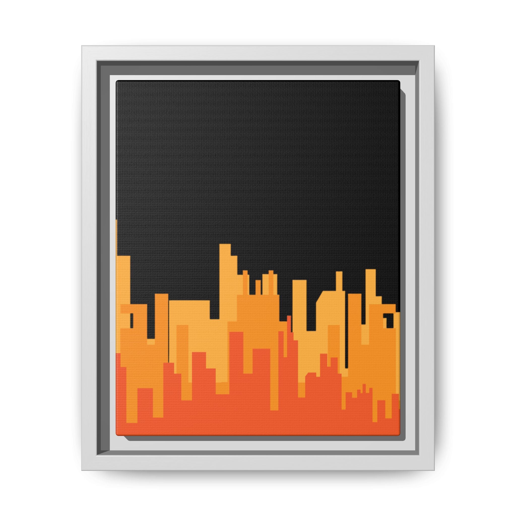 City Skyline Matte Canvas Print — Modern Pixelated Orange Urban Art (Framed)
