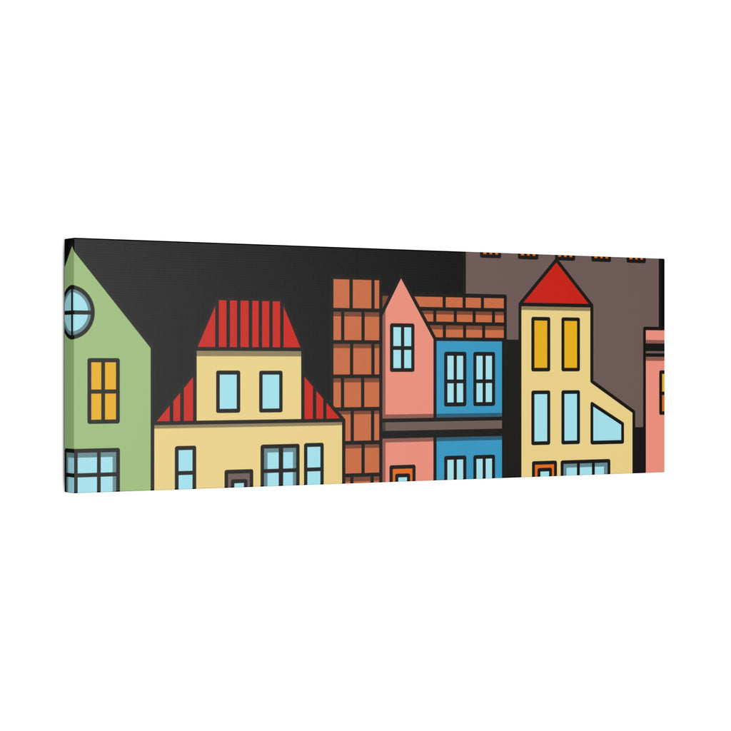 Colorful Row Houses Satin Canvas Wall Art — Stretched Cityscape Print