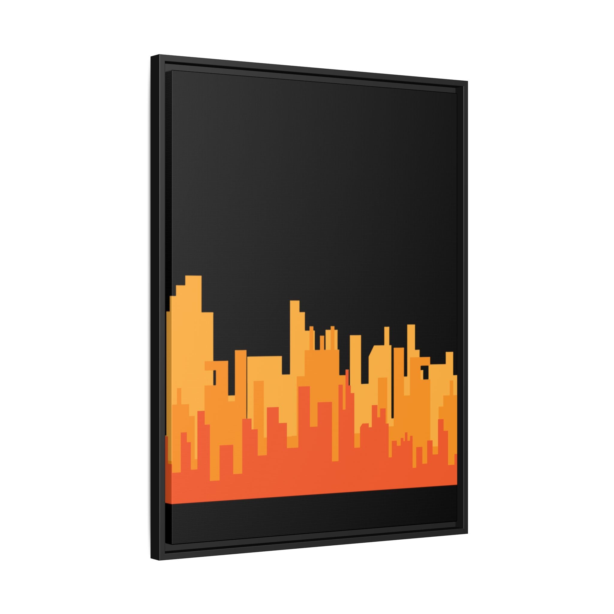 City Skyline Matte Canvas Print — Modern Pixelated Orange Urban Art (Framed)