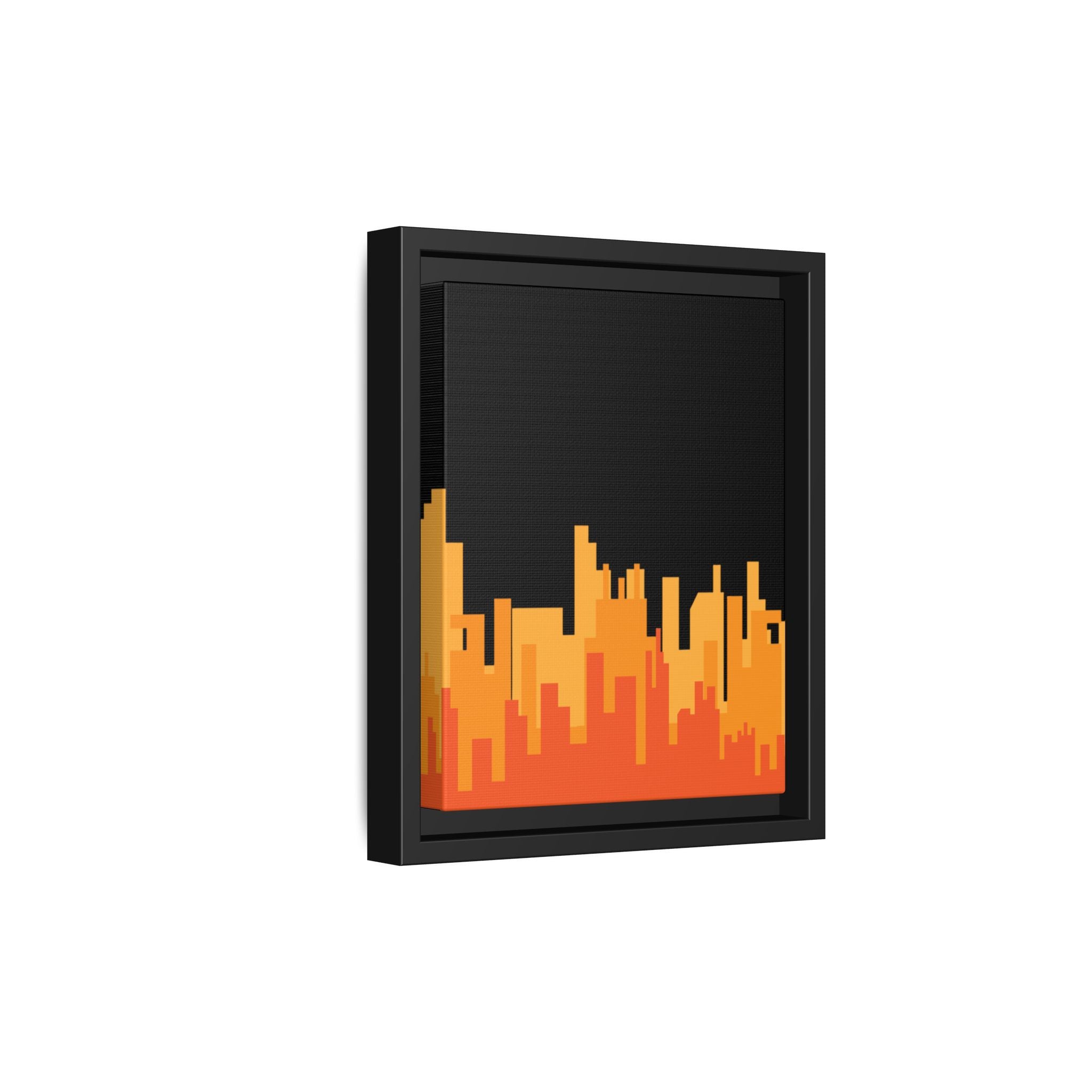 City Skyline Matte Canvas Print — Modern Pixelated Orange Urban Art (Framed)