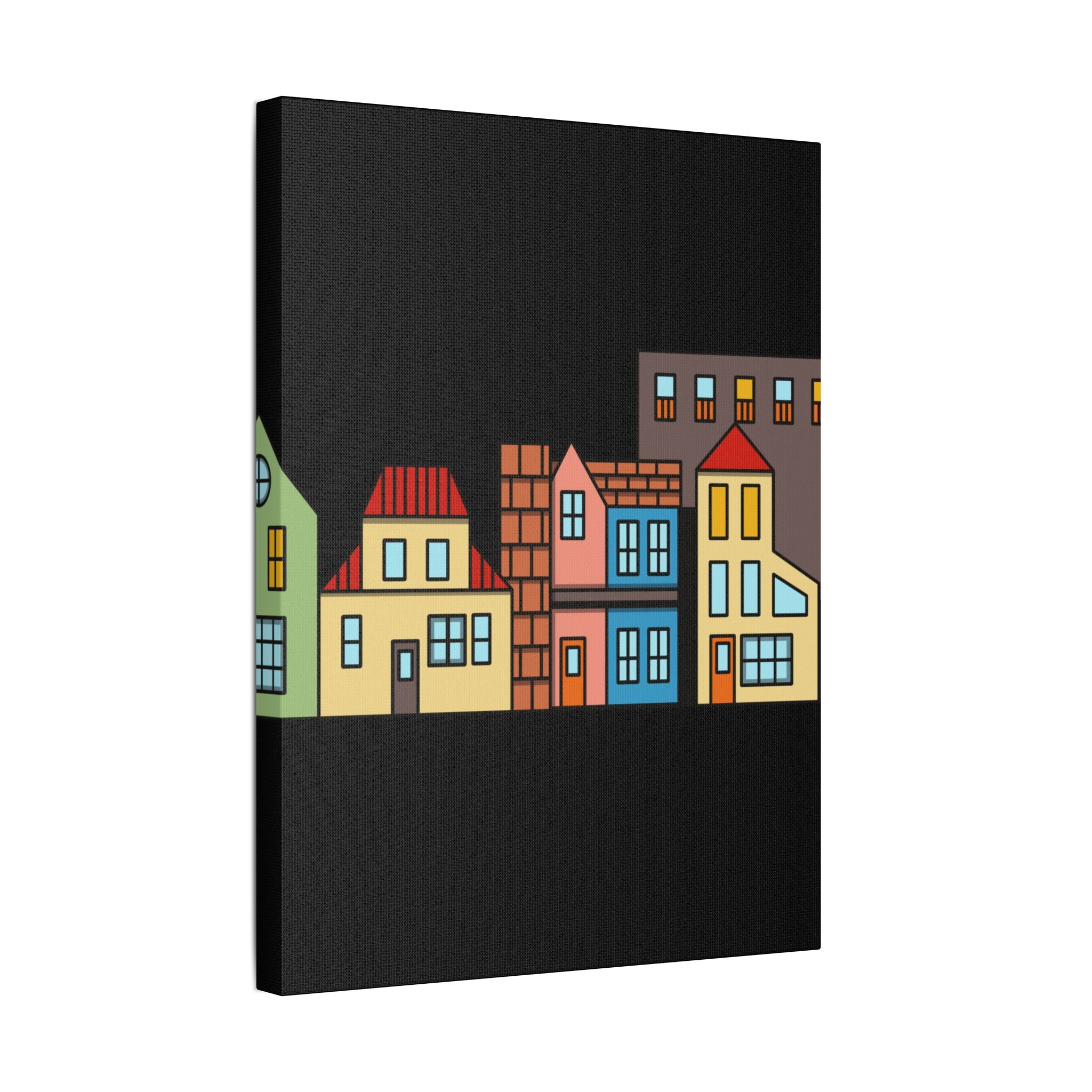 Colorful Row Houses Satin Canvas Wall Art — Stretched Cityscape Print