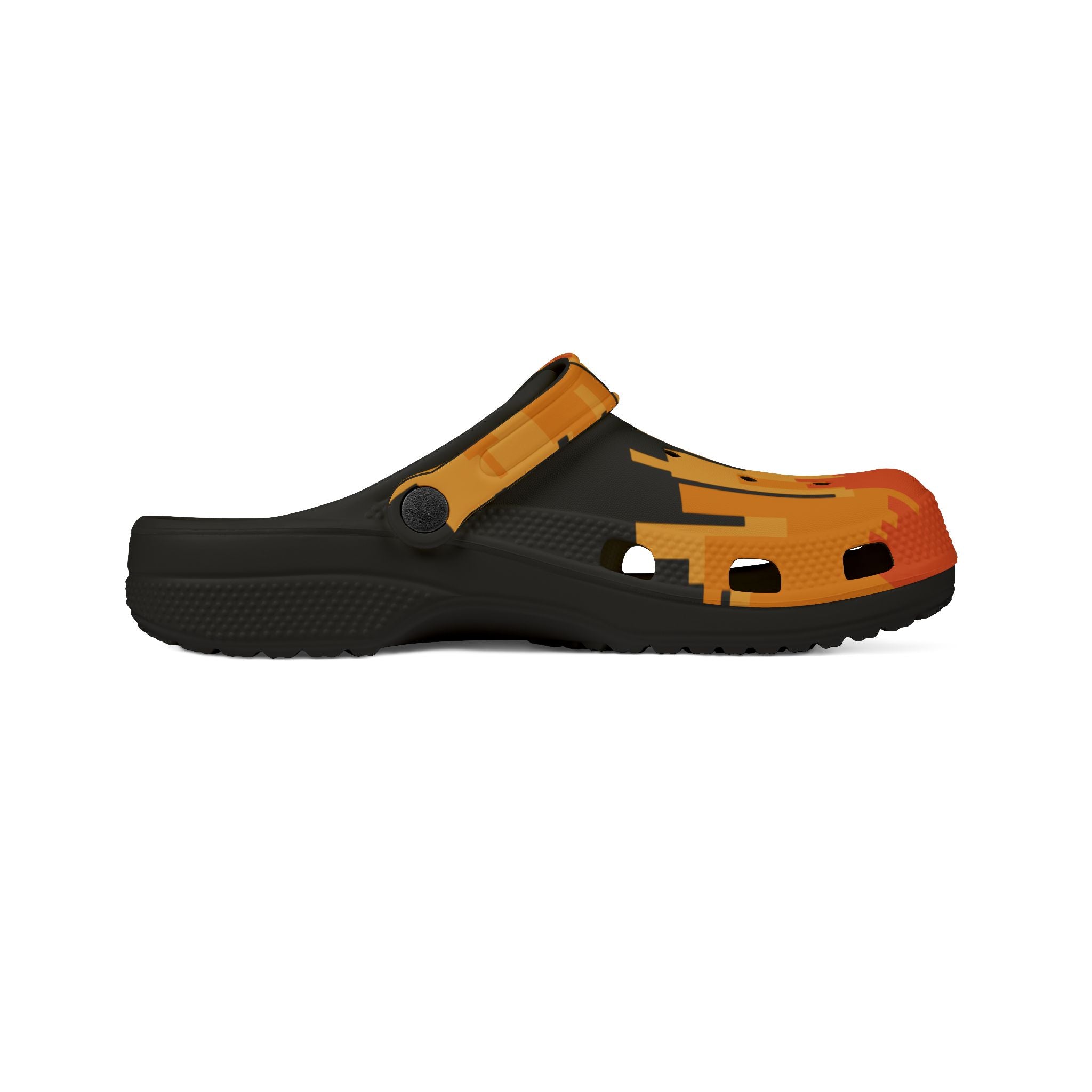Vibrant Orange City Scape on Black Slide-On EVA Foam Shoes
