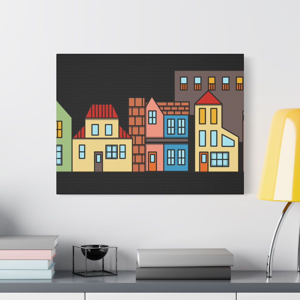 Colorful Row Houses Satin Canvas Wall Art — Stretched Cityscape Print