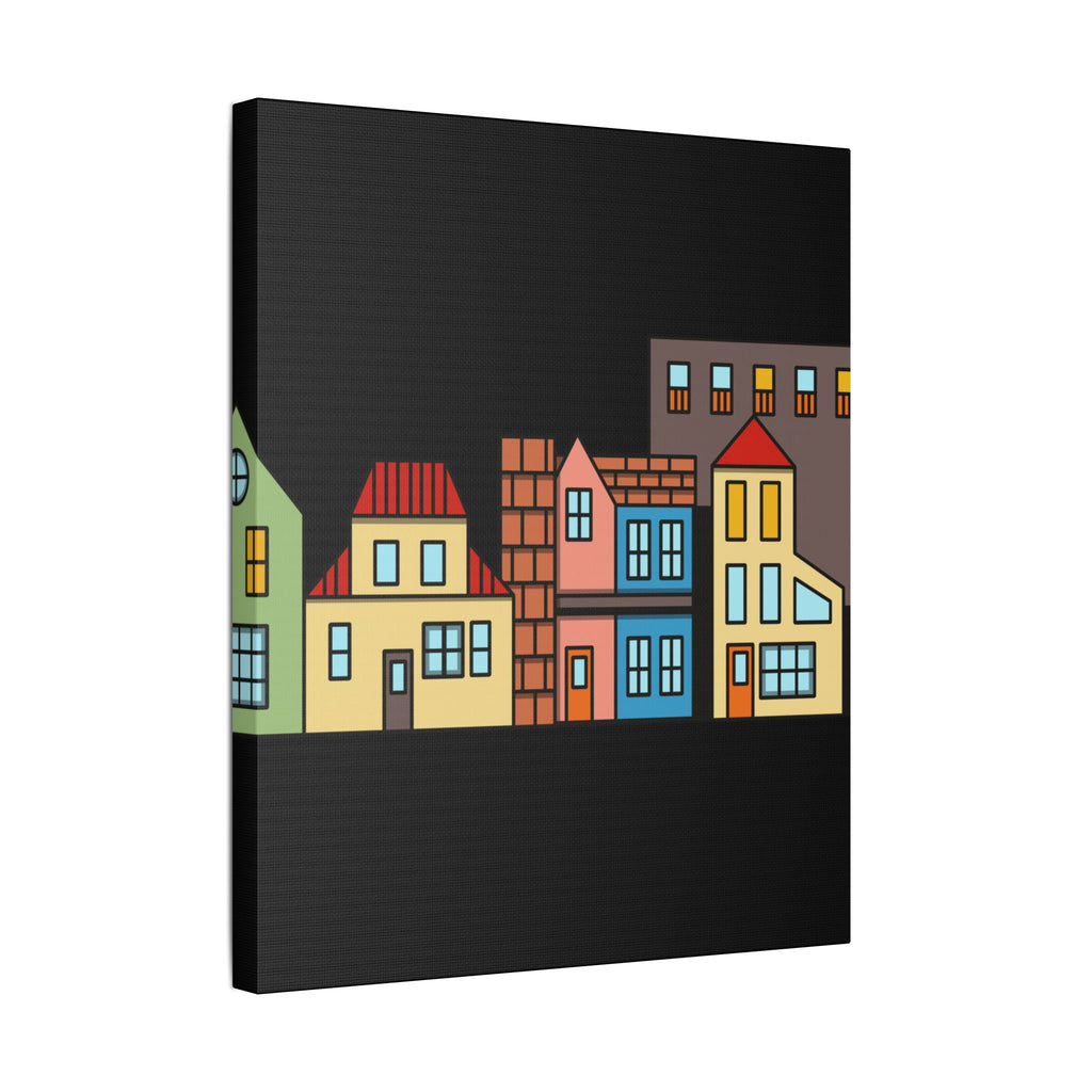 Colorful Row Houses Satin Canvas Wall Art — Stretched Cityscape Print