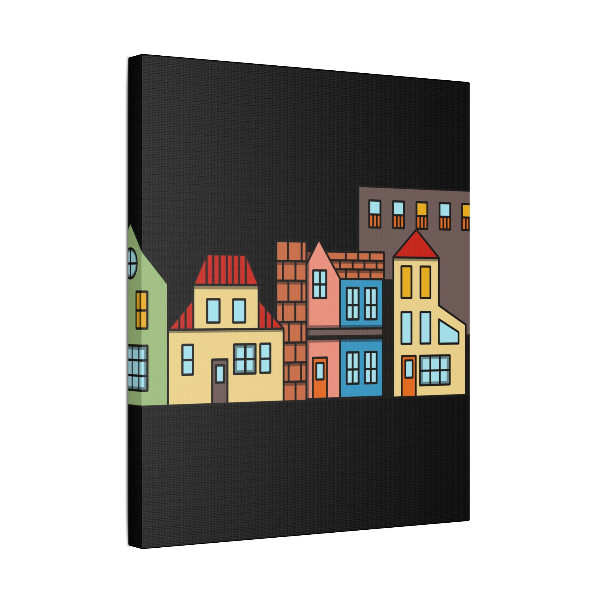 Colorful Row Houses Satin Canvas Wall Art — Stretched Cityscape Print