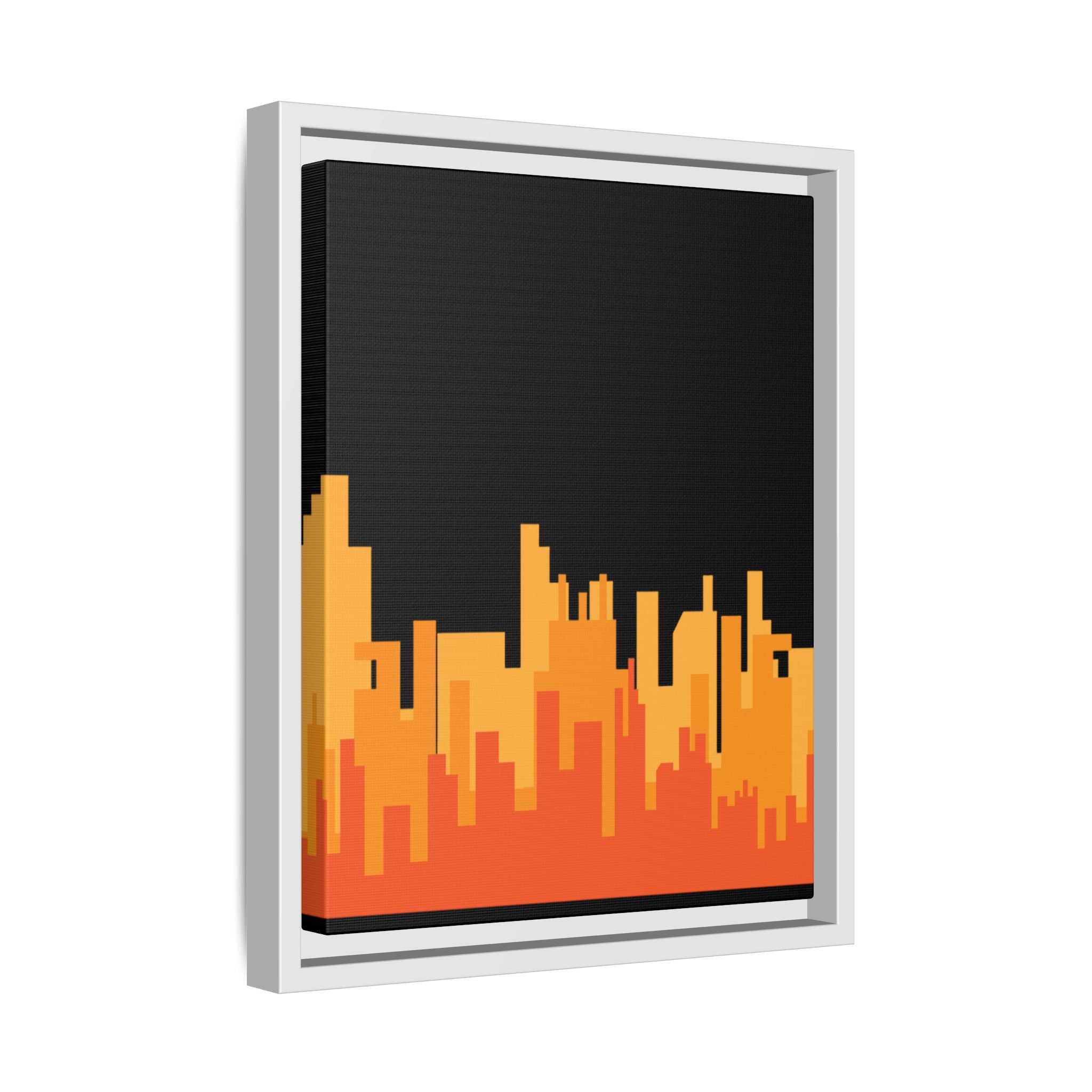 City Skyline Matte Canvas Print — Modern Pixelated Orange Urban Art (Framed)