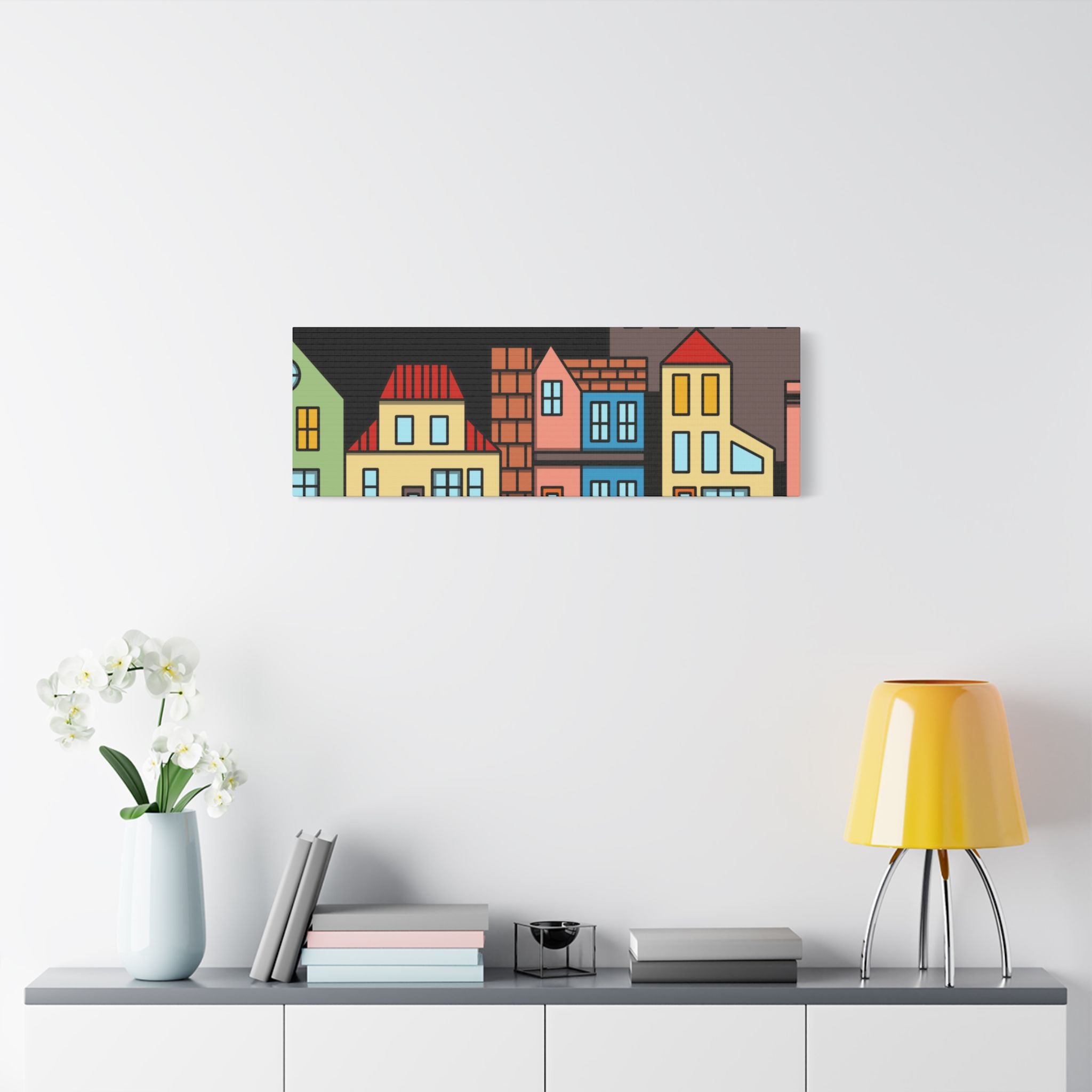 Colorful Row Houses Satin Canvas Wall Art — Stretched Cityscape Print