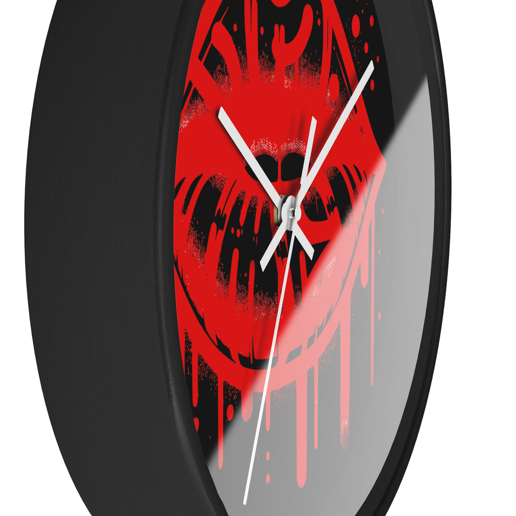 Red Graffiti Kiss Wall Clock on Black— Bold Drip Lip Art Clock