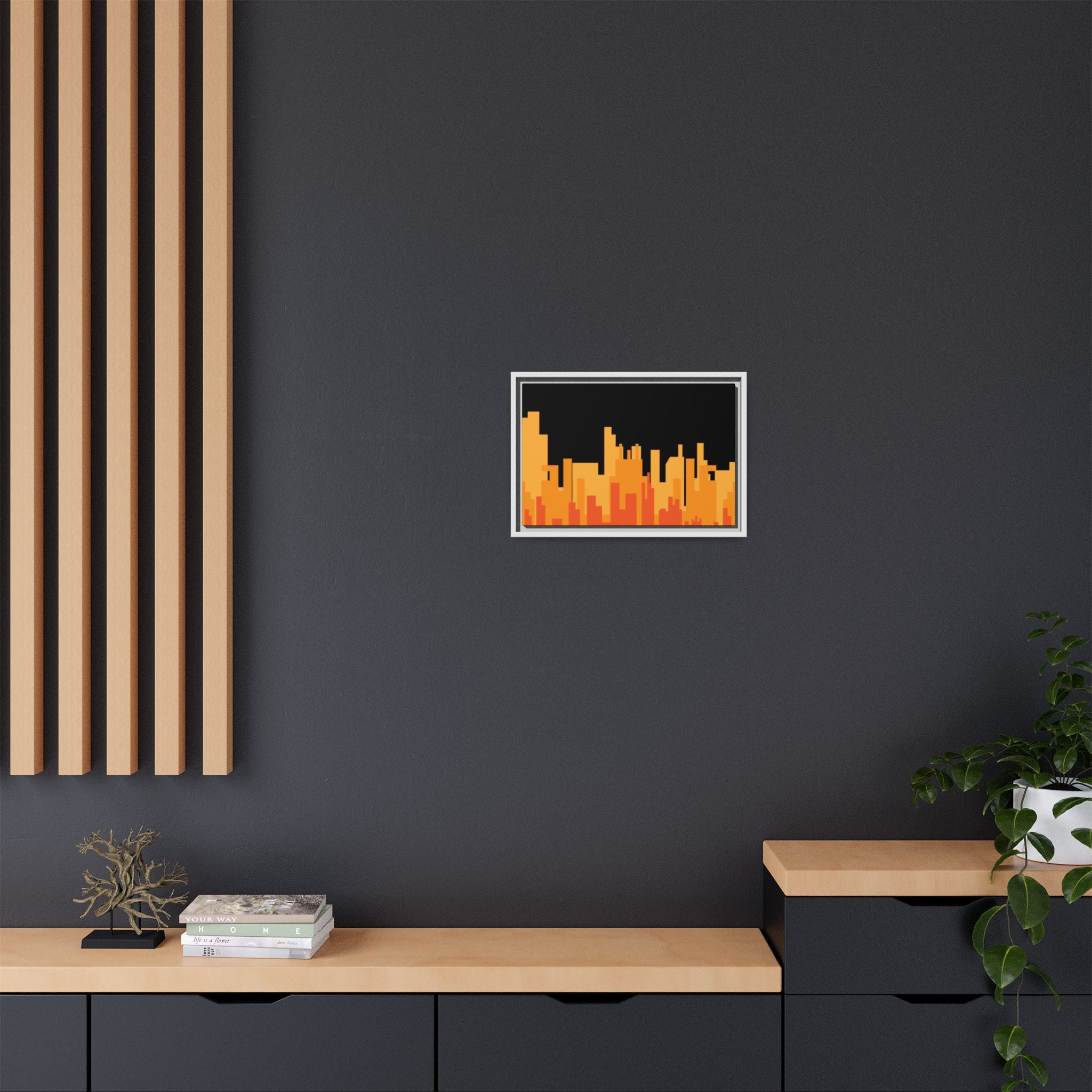 City Skyline Matte Canvas Print — Modern Pixelated Orange Urban Art (Framed)
