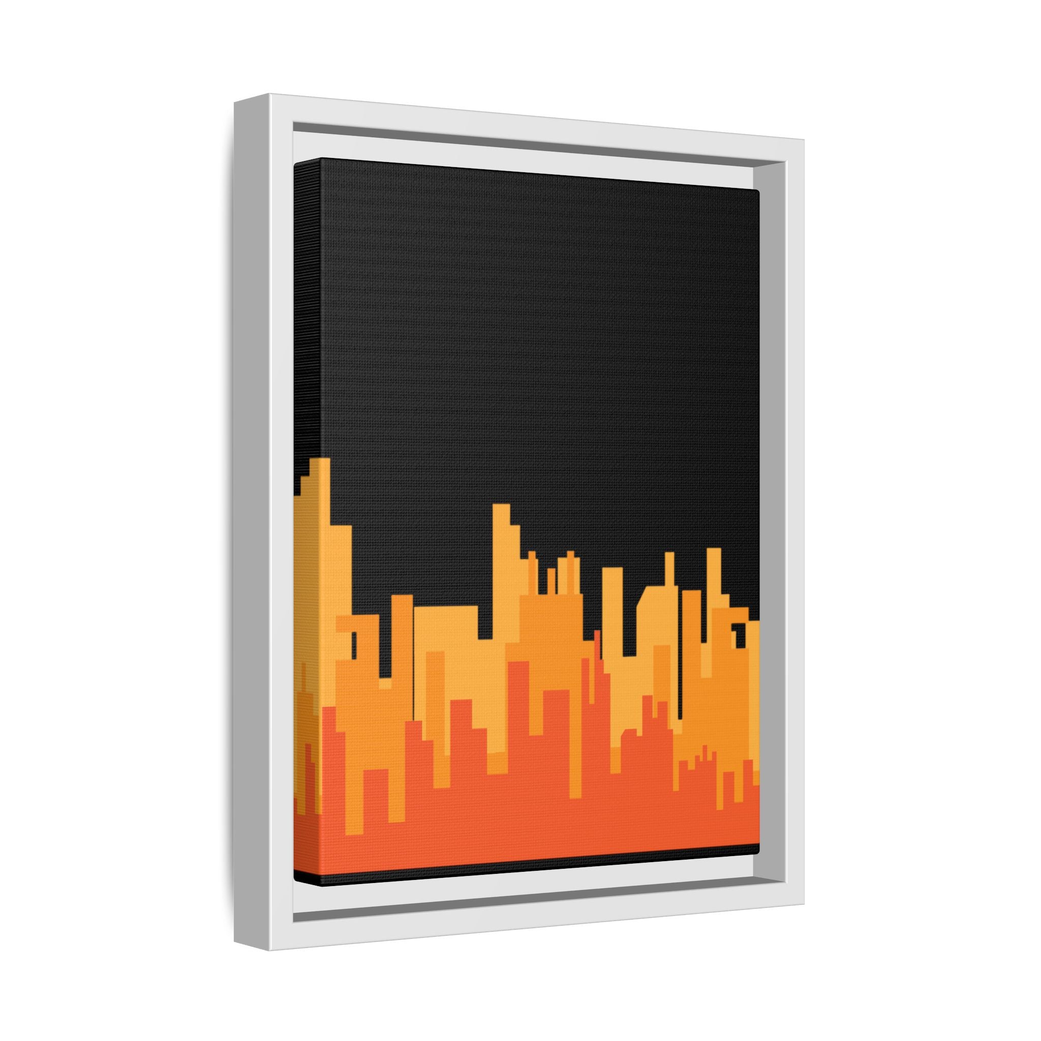 City Skyline Matte Canvas Print — Modern Pixelated Orange Urban Art (Framed)