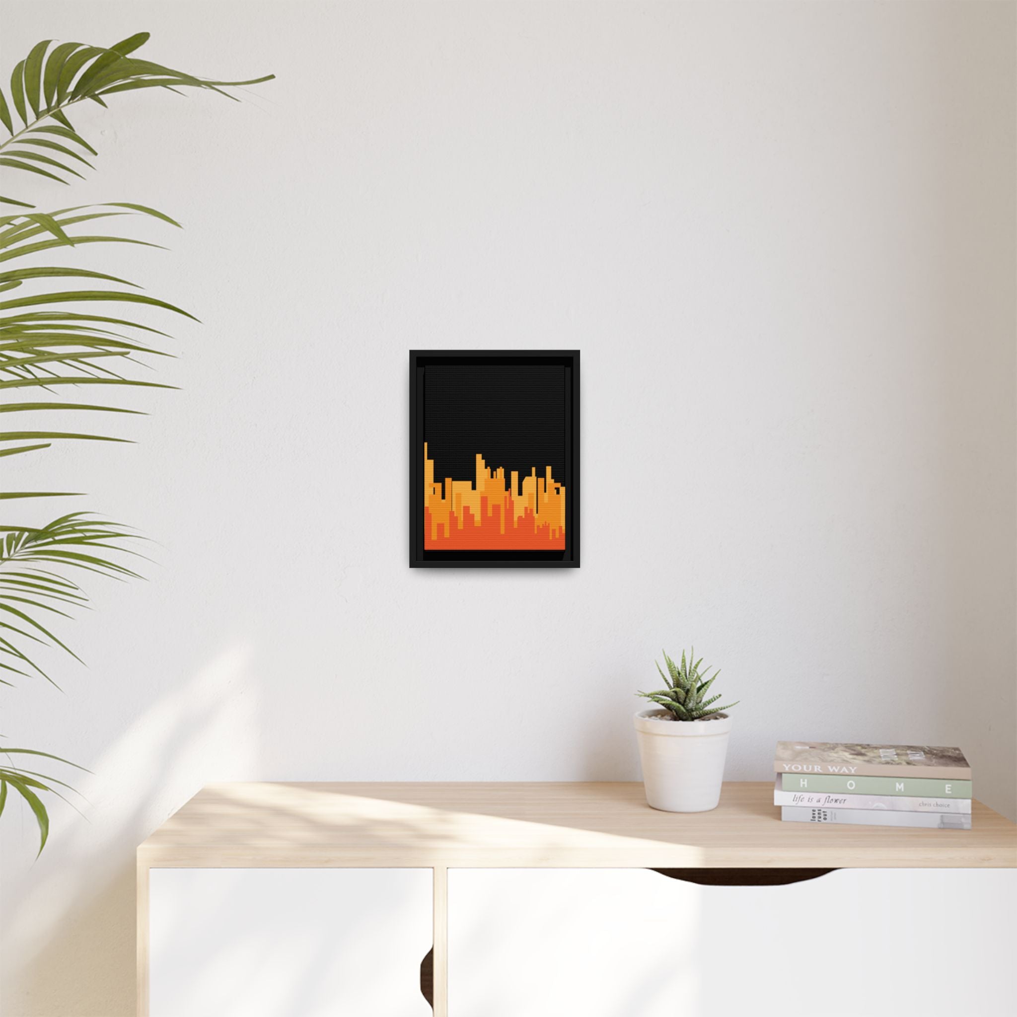 City Skyline Matte Canvas Print — Modern Pixelated Orange Urban Art (Framed)