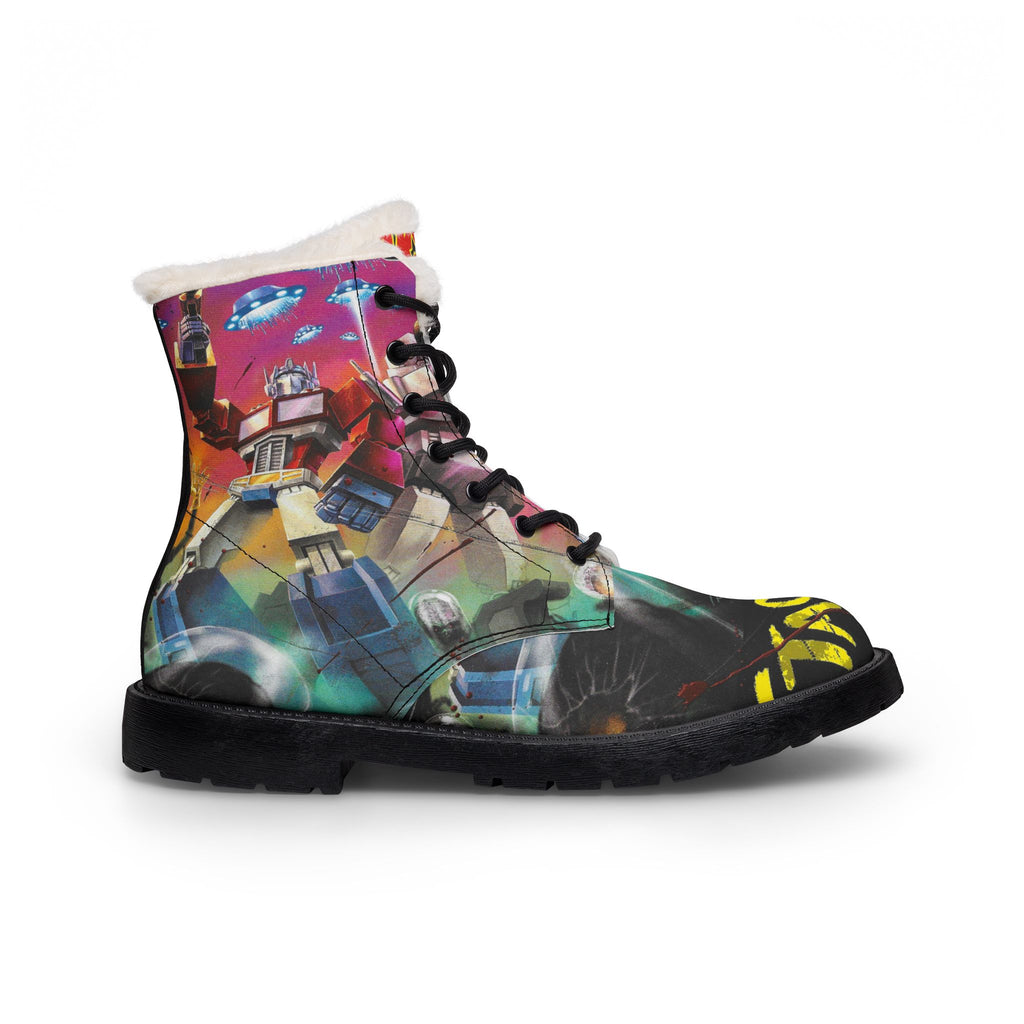 Women Fur-Lined Leather Boots — Fiery Mars Attack Transformers Comic Print