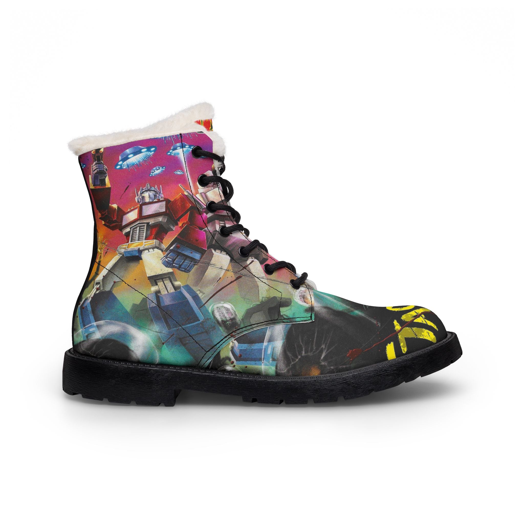 Women Fur-Lined Leather Boots — Fiery Mars Attack Transformers Comic Print