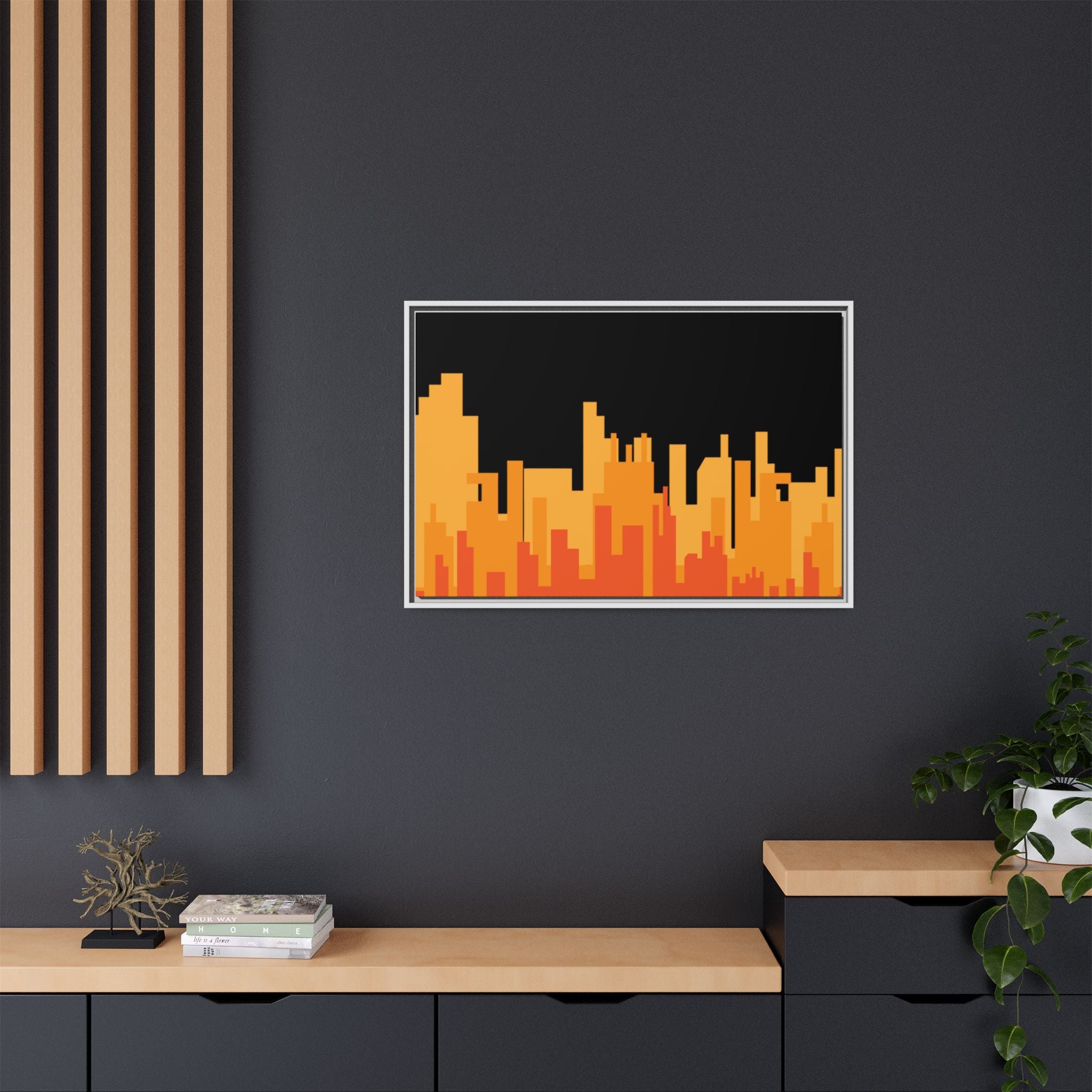 City Skyline Matte Canvas Print — Modern Pixelated Orange Urban Art (Framed)