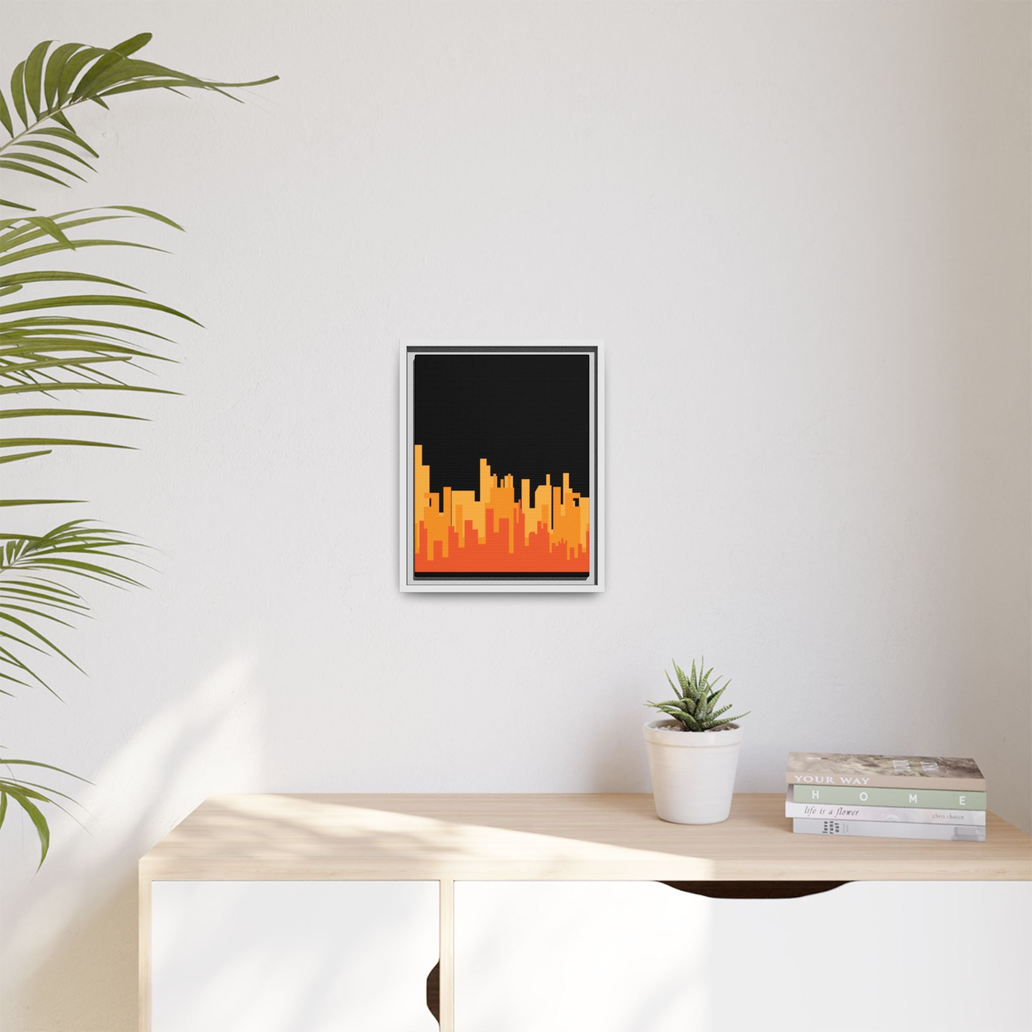 City Skyline Matte Canvas Print — Modern Pixelated Orange Urban Art (Framed)