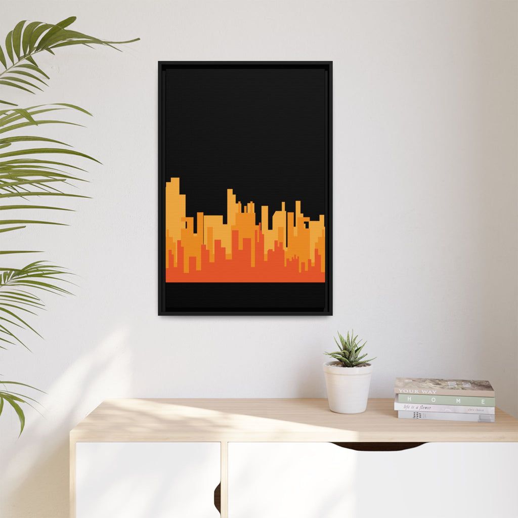 City Skyline Matte Canvas Print — Modern Pixelated Orange Urban Art (Framed)