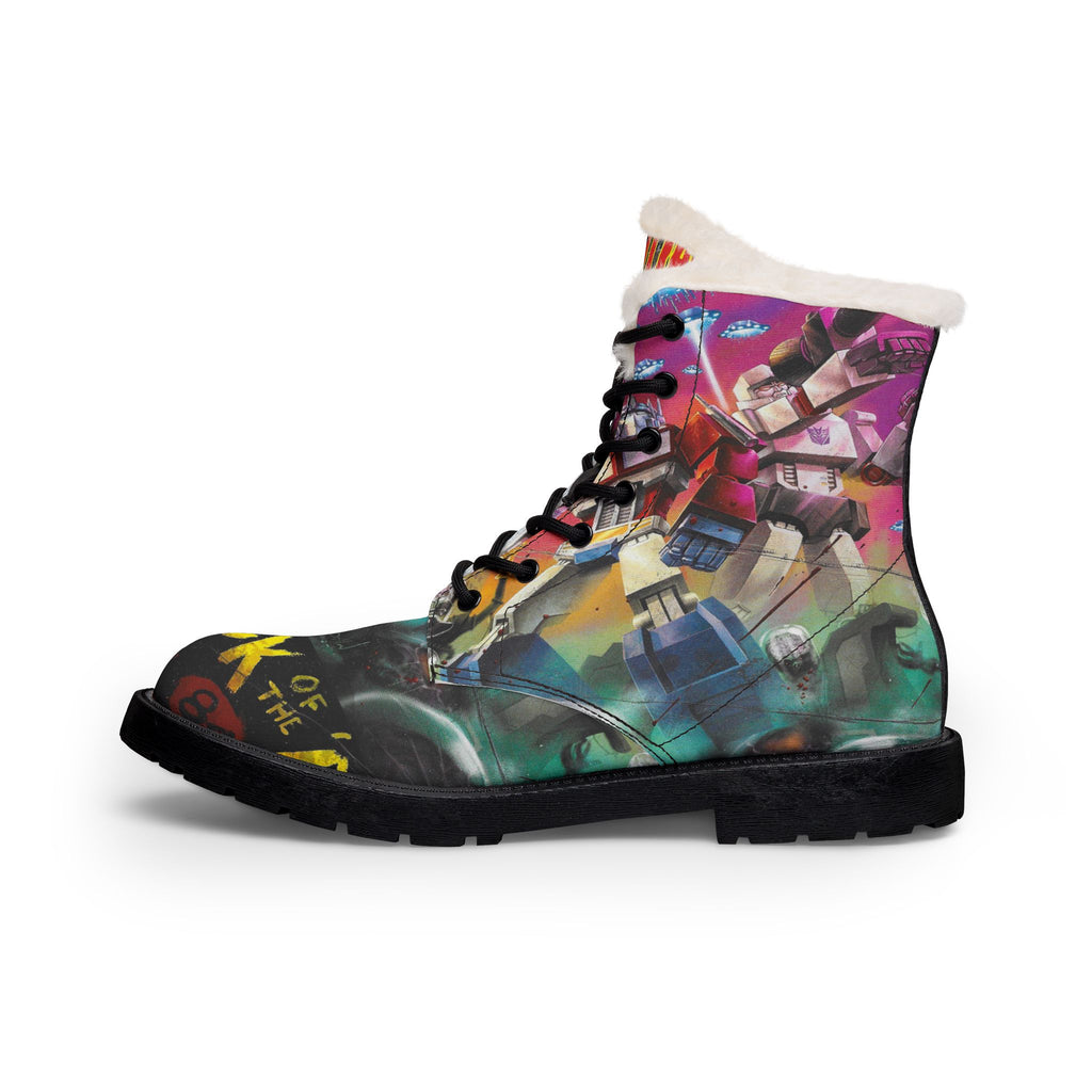 Women Fur-Lined Leather Boots — Fiery Mars Attack Transformers Comic Print