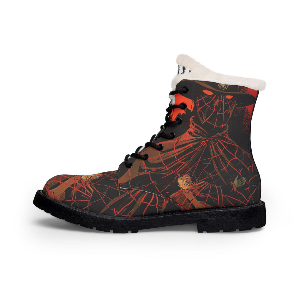 Women Fur-Lined Leather Boots — Fiery Spider Comic Print