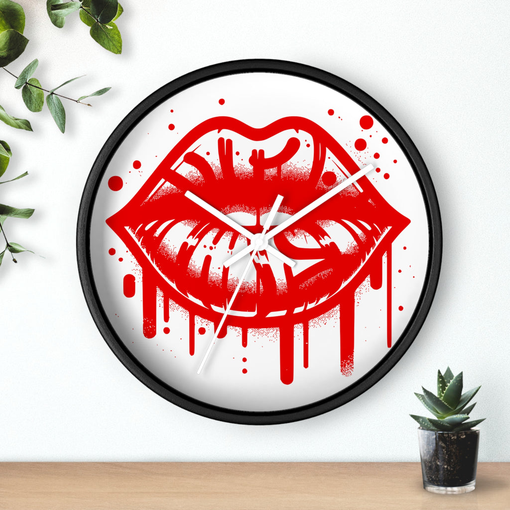 Red Graffiti Kiss Wall Clock on White — Bold Drip Lip Art Clock