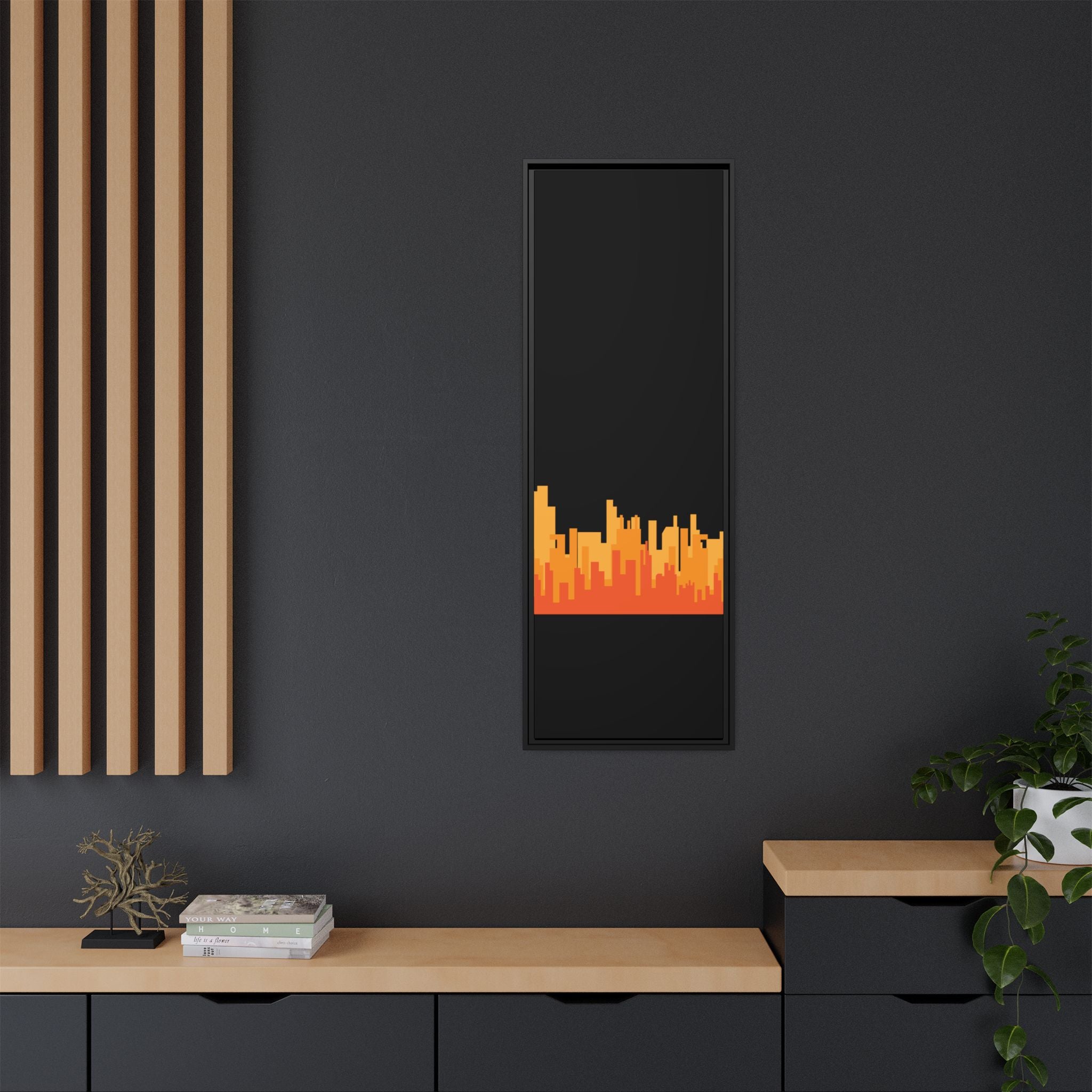 City Skyline Matte Canvas Print — Modern Pixelated Orange Urban Art (Framed)