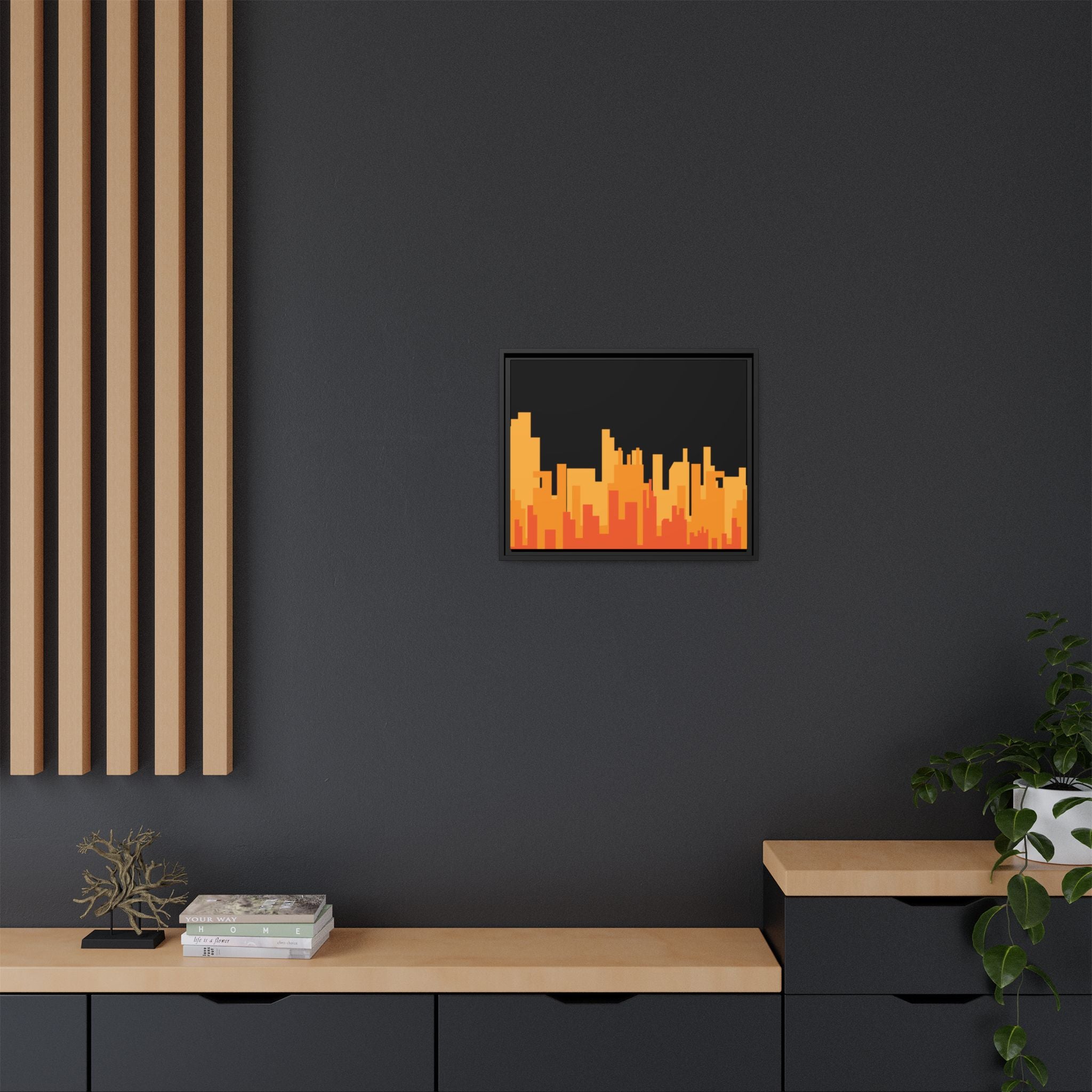 City Skyline Matte Canvas Print — Modern Pixelated Orange Urban Art (Framed)