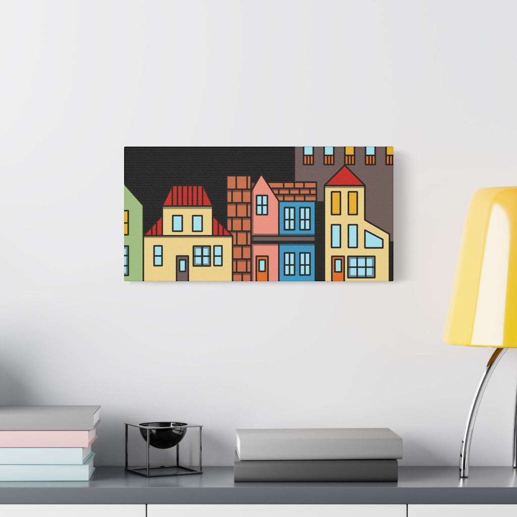 Colorful Row Houses Satin Canvas Wall Art — Stretched Cityscape Print
