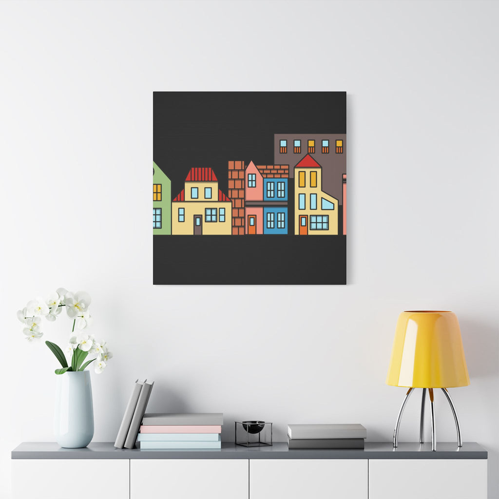 Colorful Row Houses Satin Canvas Wall Art — Stretched Cityscape Print