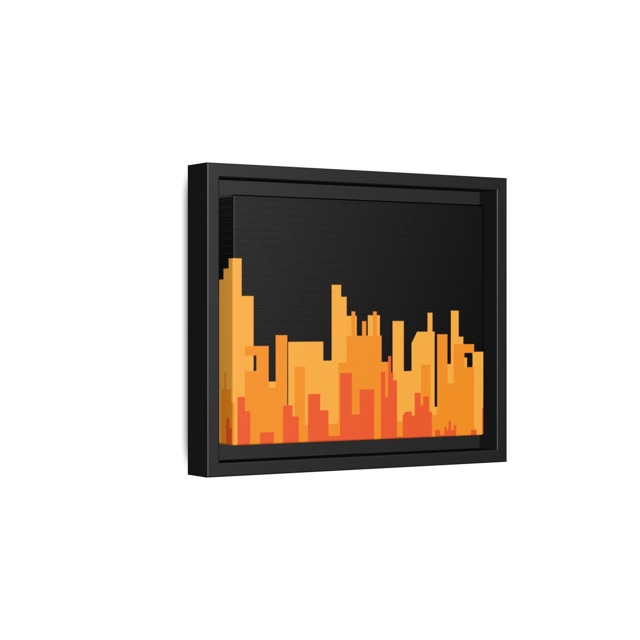 City Skyline Matte Canvas Print — Modern Pixelated Orange Urban Art (Framed)