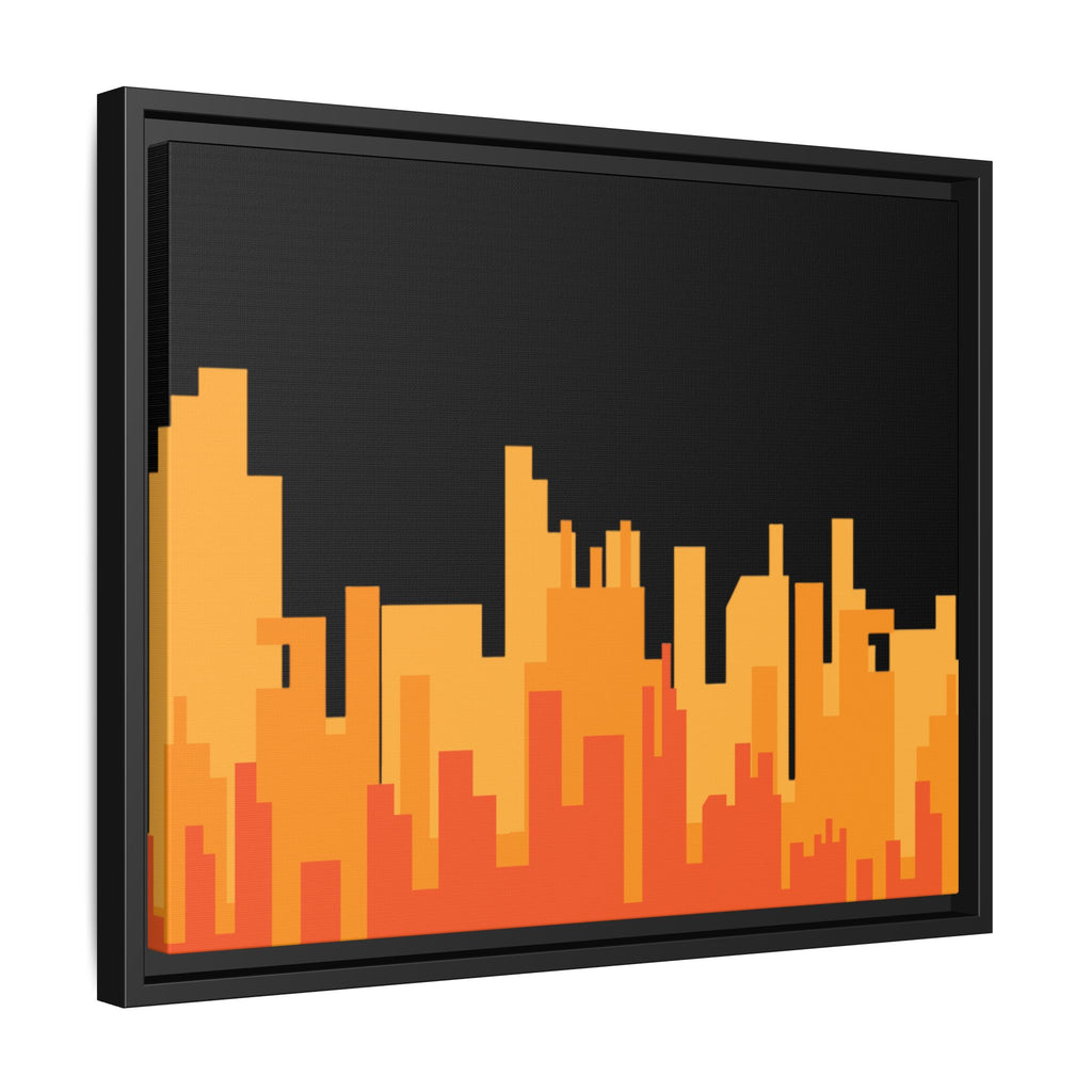 City Skyline Matte Canvas Print — Modern Pixelated Orange Urban Art (Framed)