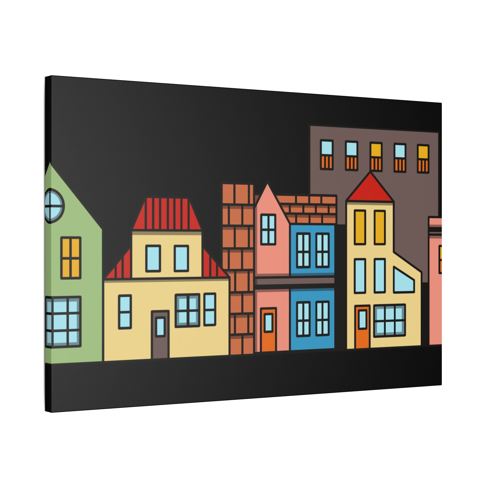 Colorful Row Houses Satin Canvas Wall Art — Stretched Cityscape Print