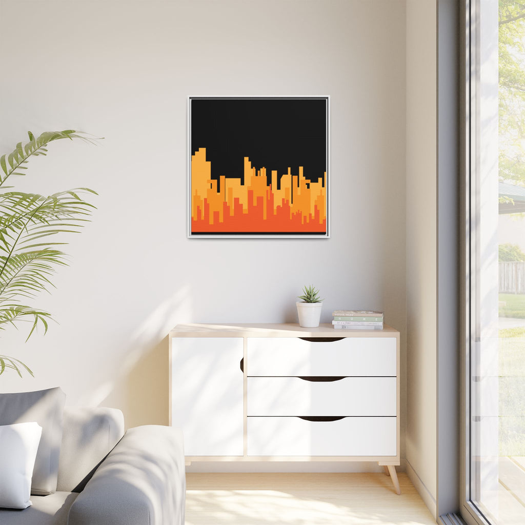 City Skyline Matte Canvas Print — Modern Pixelated Orange Urban Art (Framed)