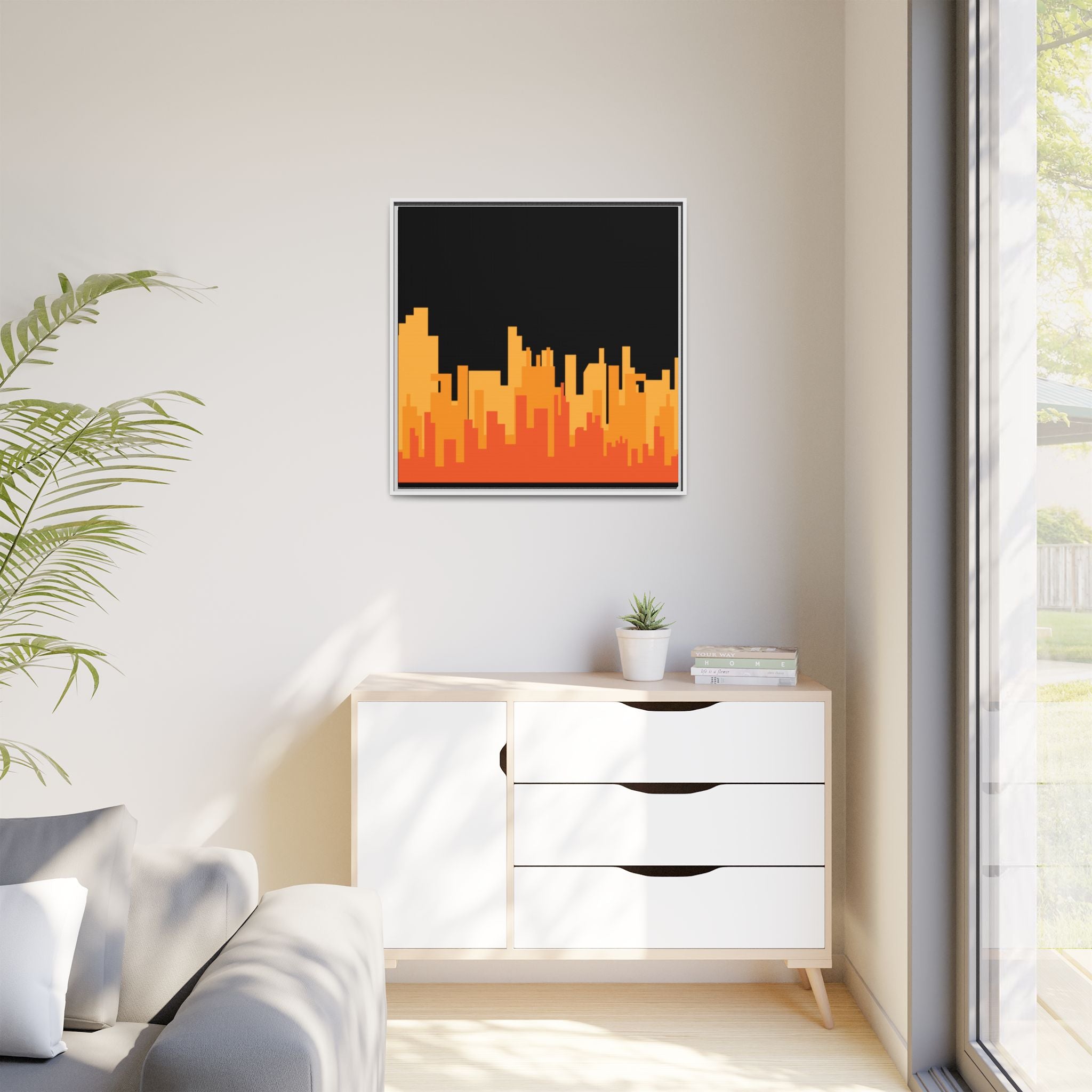 City Skyline Matte Canvas Print — Modern Pixelated Orange Urban Art (Framed)