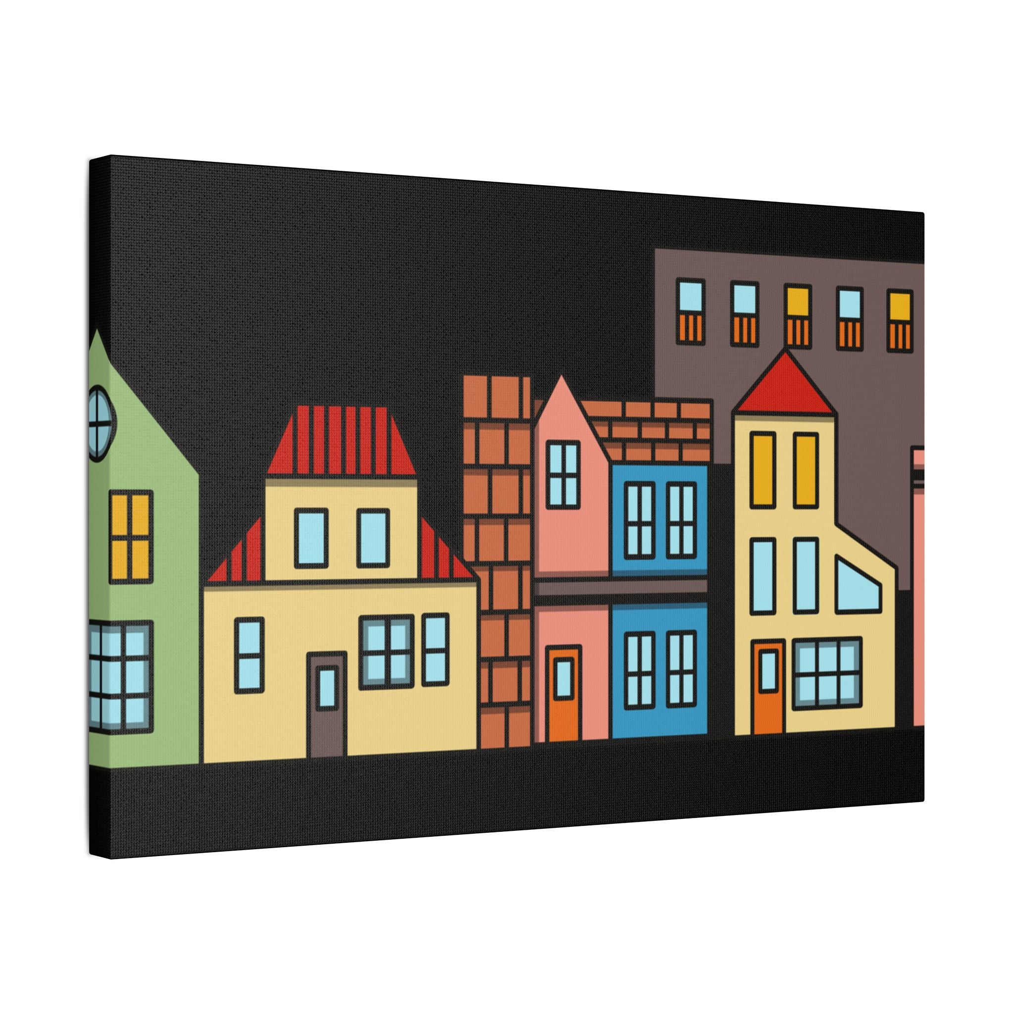 Colorful Row Houses Satin Canvas Wall Art — Stretched Cityscape Print