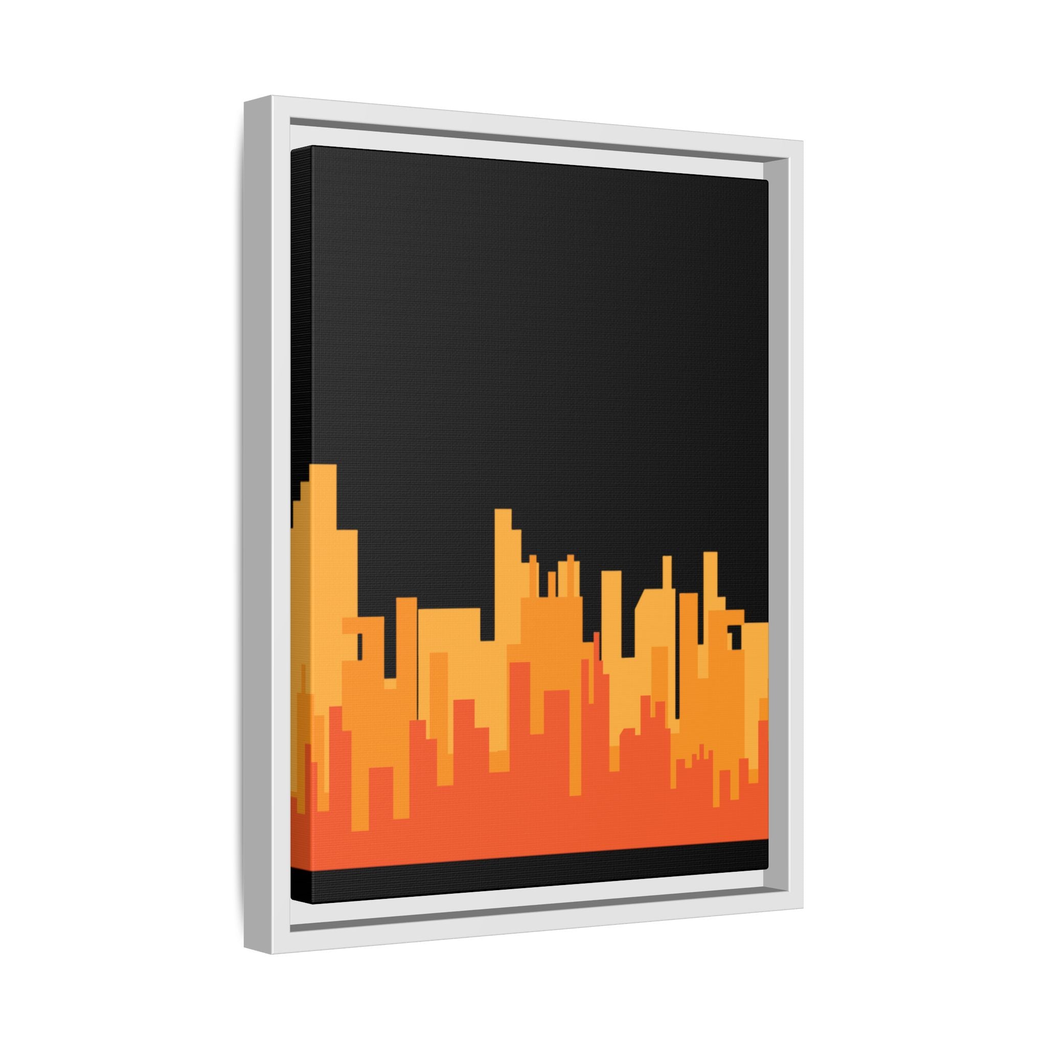 City Skyline Matte Canvas Print — Modern Pixelated Orange Urban Art (Framed)