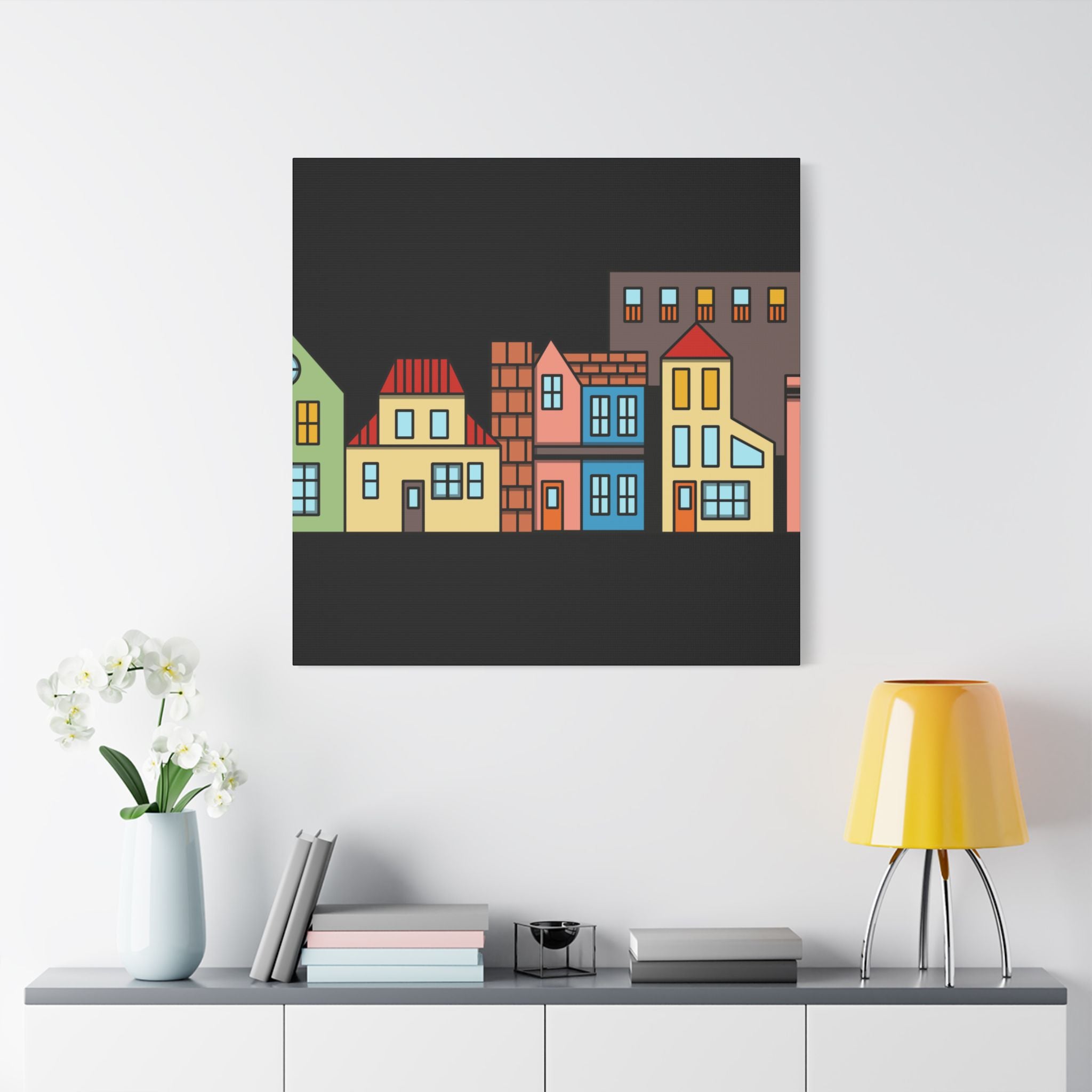 Colorful Row Houses Satin Canvas Wall Art — Stretched Cityscape Print