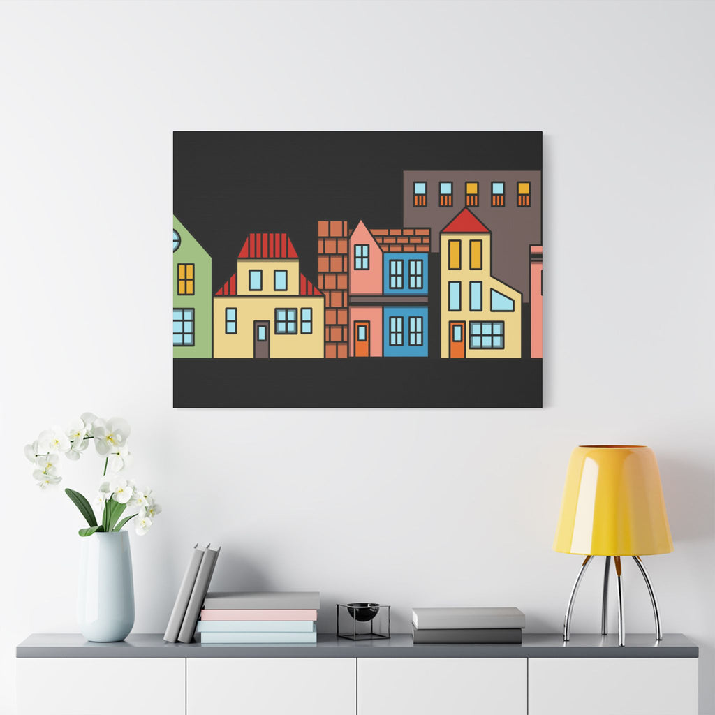 Colorful Row Houses Satin Canvas Wall Art — Stretched Cityscape Print
