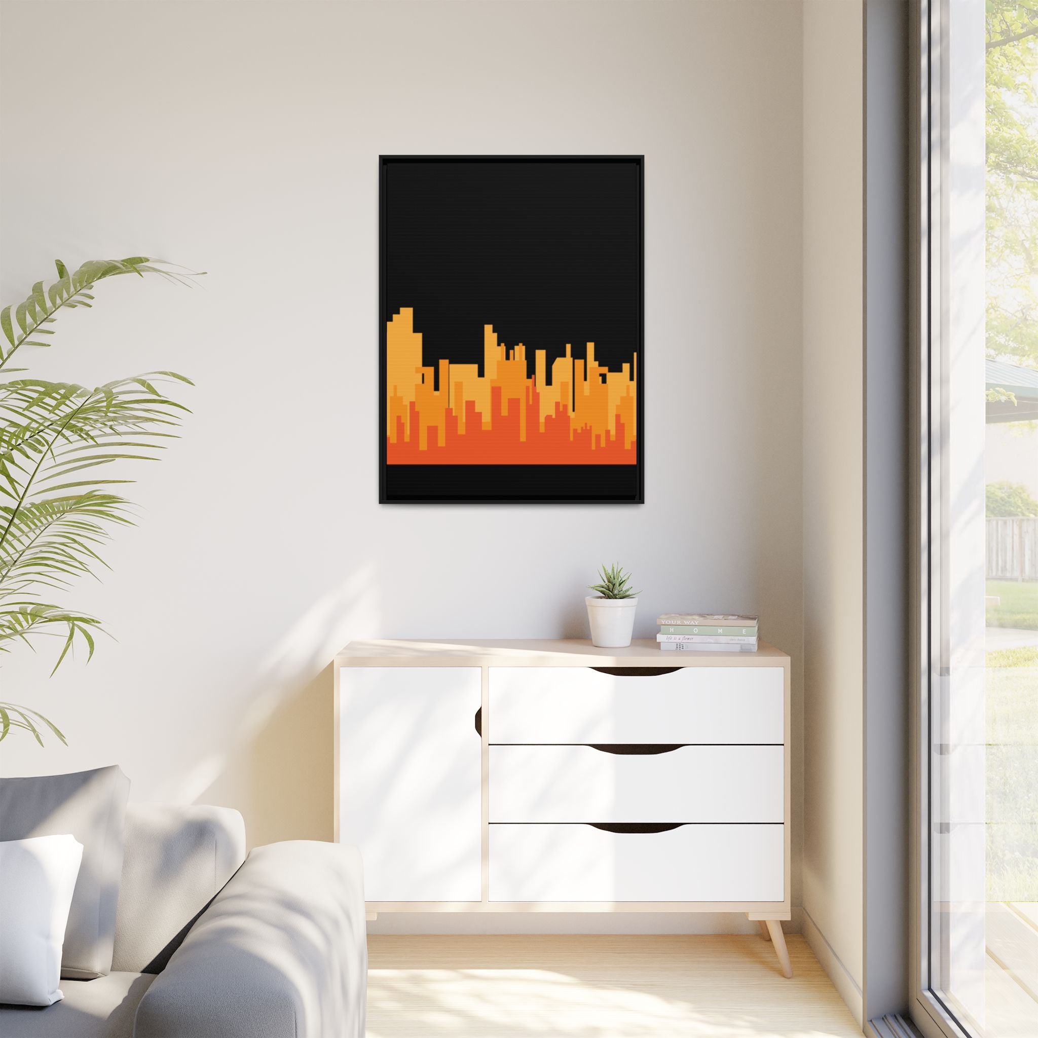 City Skyline Matte Canvas Print — Modern Pixelated Orange Urban Art (Framed)