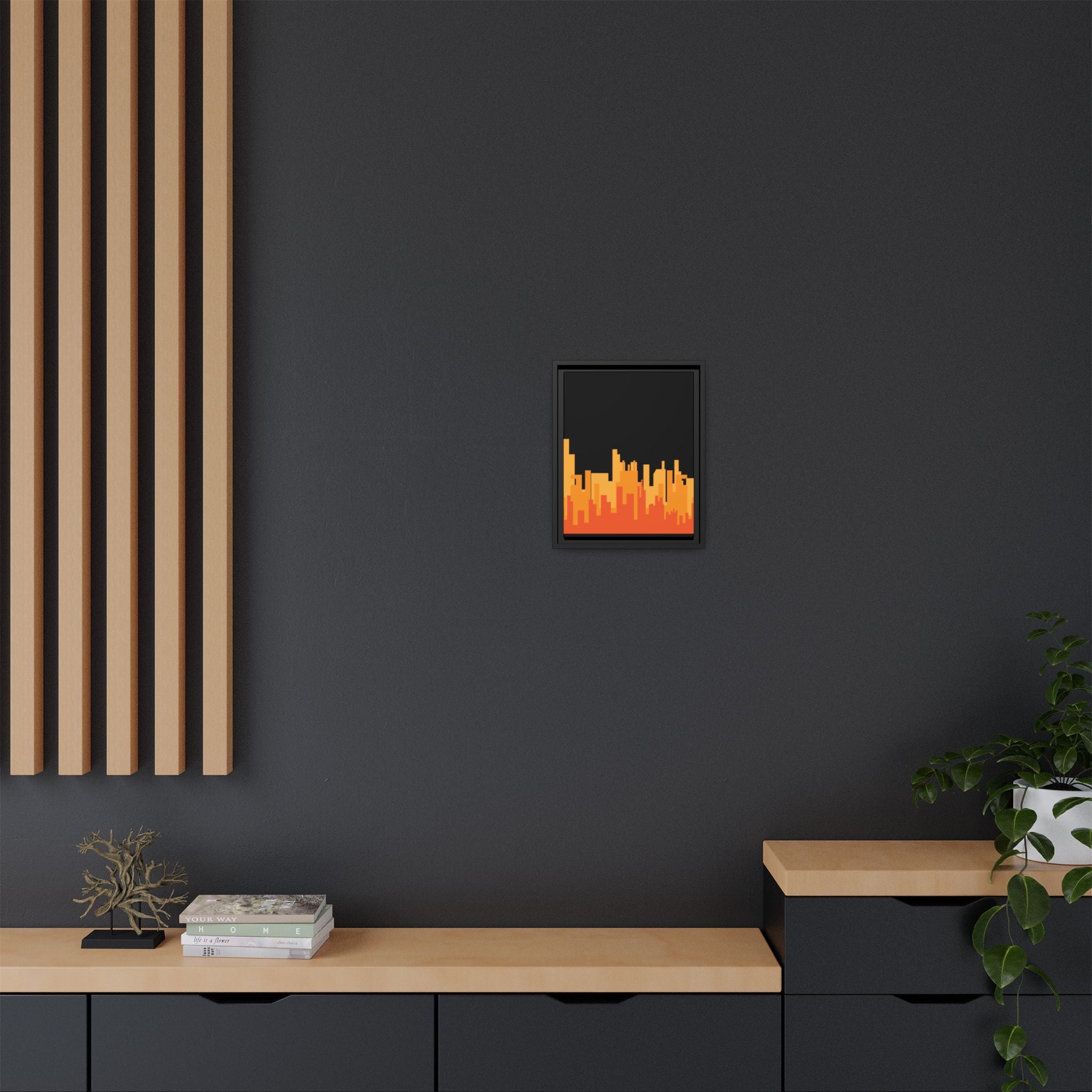 City Skyline Matte Canvas Print — Modern Pixelated Orange Urban Art (Framed)