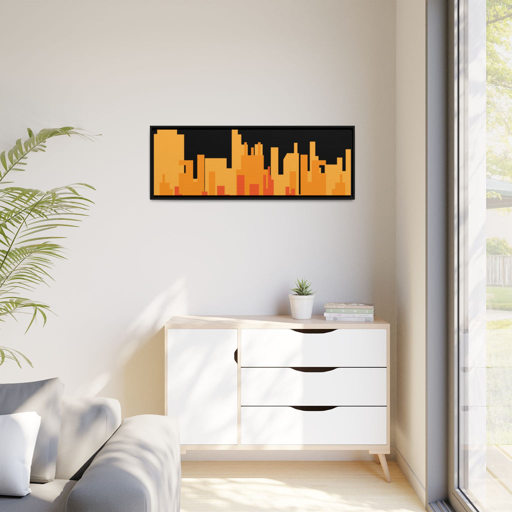 City Skyline Matte Canvas Print — Modern Pixelated Orange Urban Art (Framed)