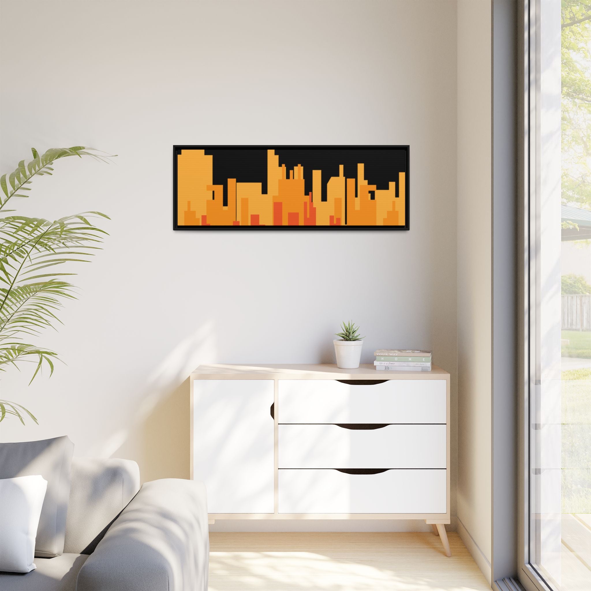 City Skyline Matte Canvas Print — Modern Pixelated Orange Urban Art (Framed)