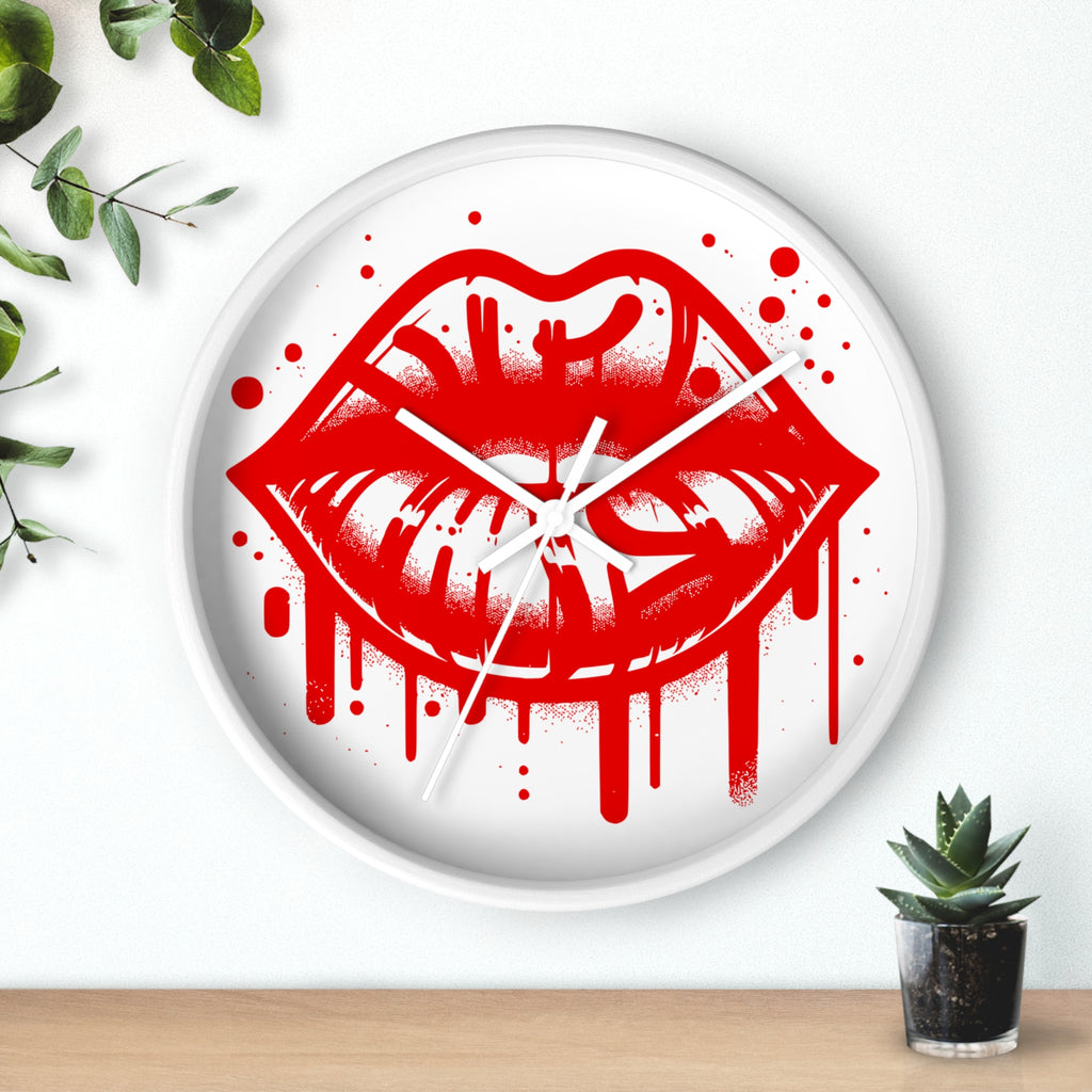 Red Graffiti Kiss Wall Clock on White — Bold Drip Lip Art Clock