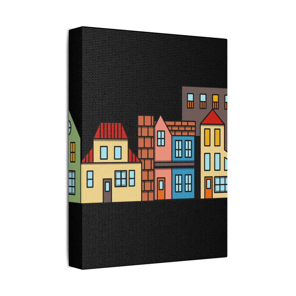 Colorful Row Houses Satin Canvas Wall Art — Stretched Cityscape Print
