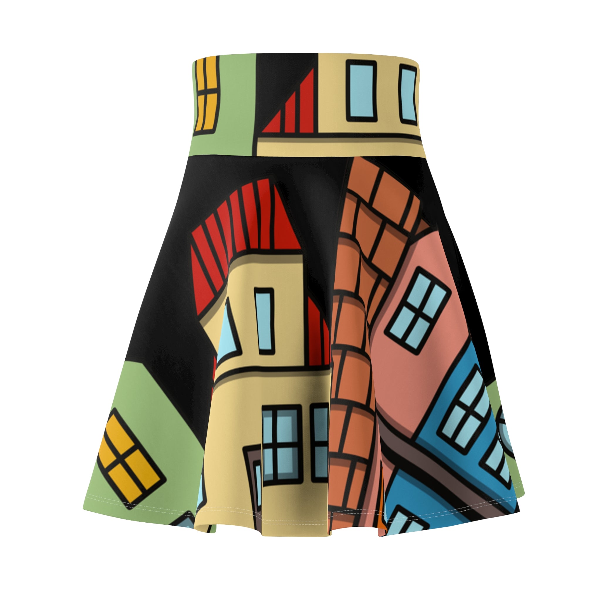 Black Whimsical House Print Skater Skirt, Playful Fashion, Casual Wear, Summer Style, Unique Gift, Trendy Outfit