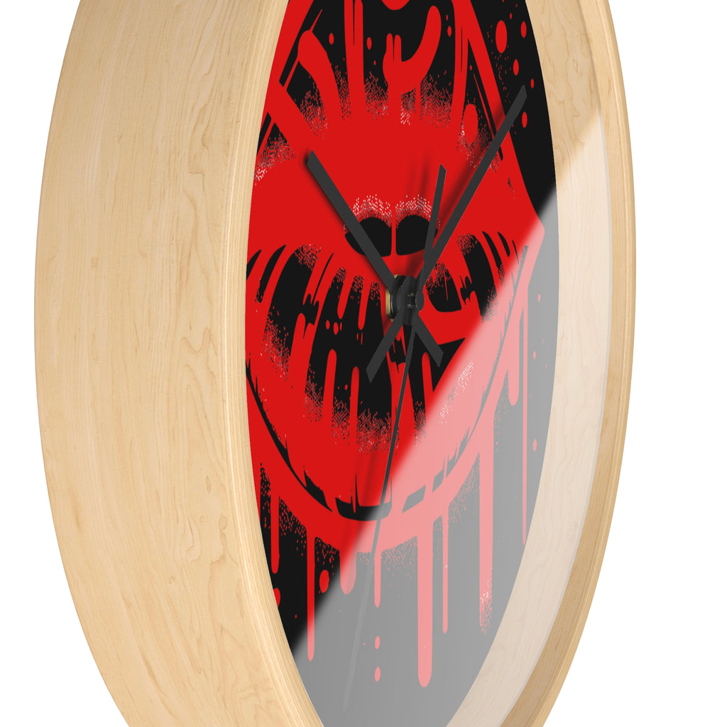 Red Graffiti Kiss Wall Clock on Black— Bold Drip Lip Art Clock