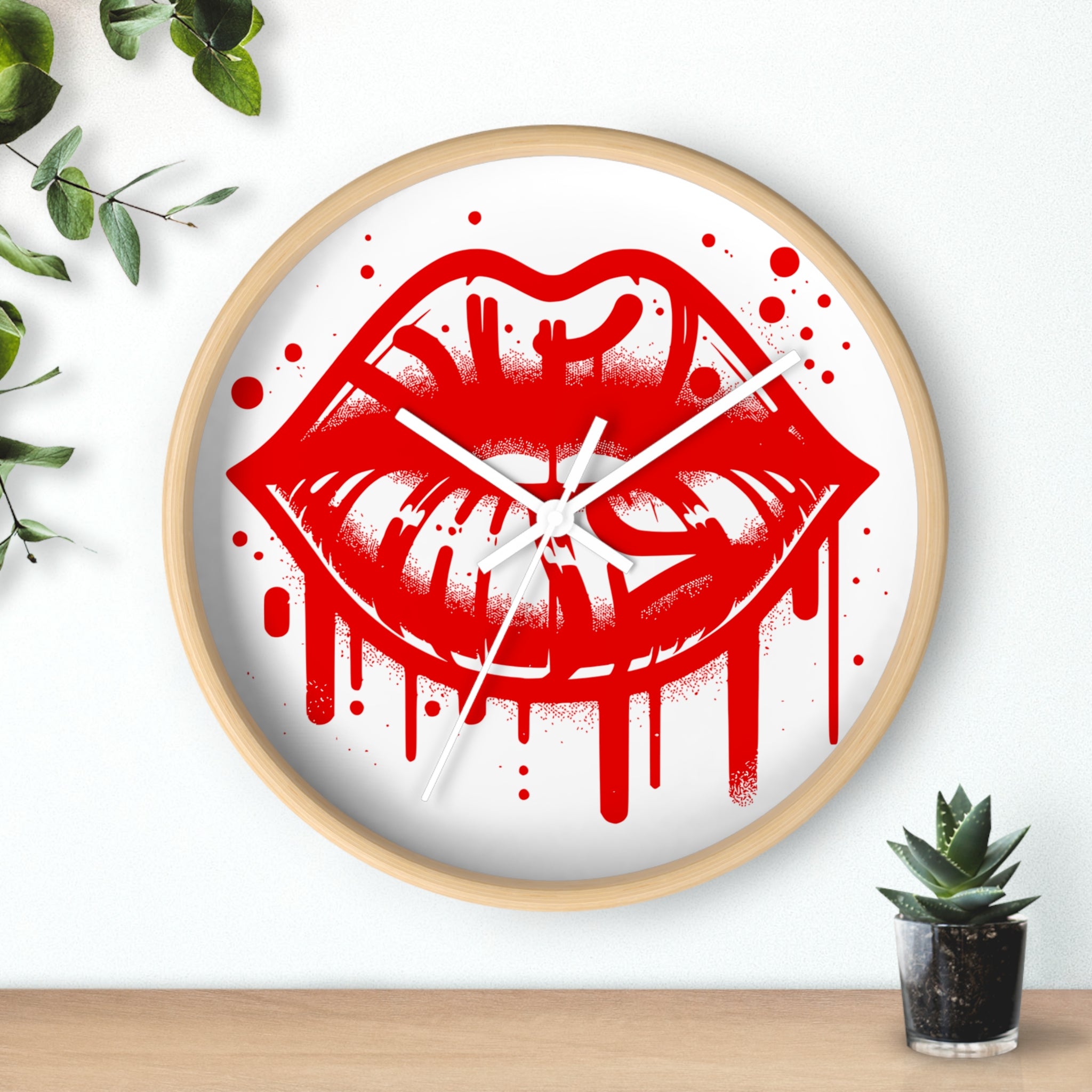 Red Graffiti Kiss Wall Clock on White — Bold Drip Lip Art Clock
