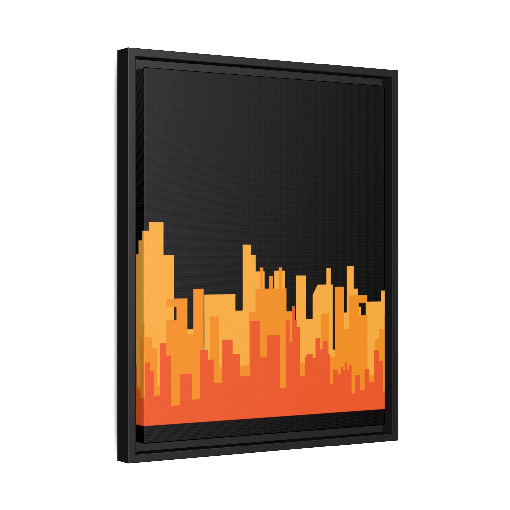 City Skyline Matte Canvas Print — Modern Pixelated Orange Urban Art (Framed)